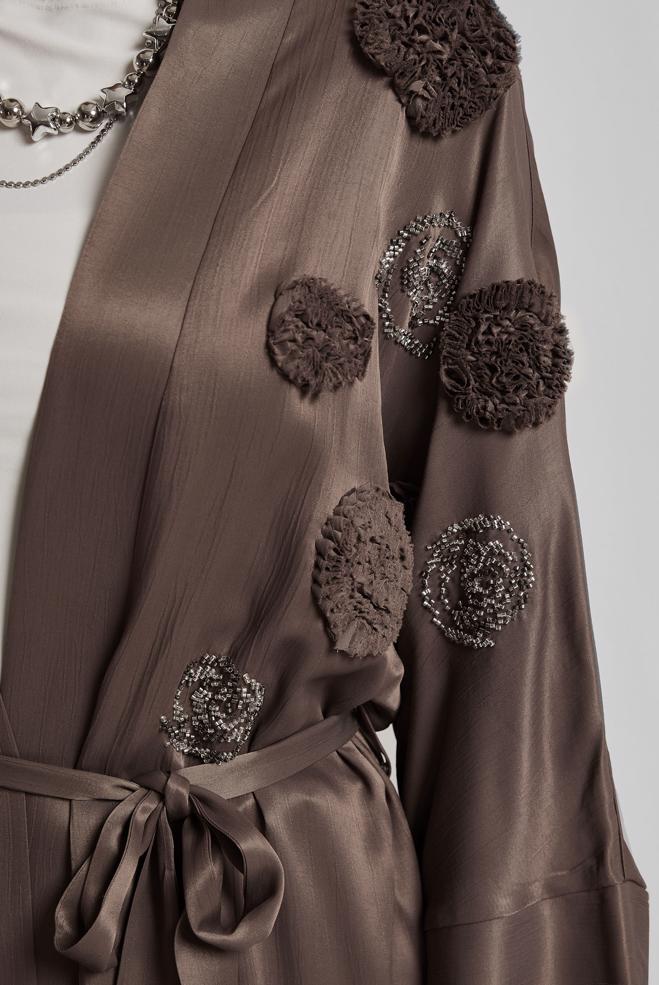 Tesettür giyim KAHVE KUŞAKLI PANTOLONLU TAKIM 45579 - ALVİNA