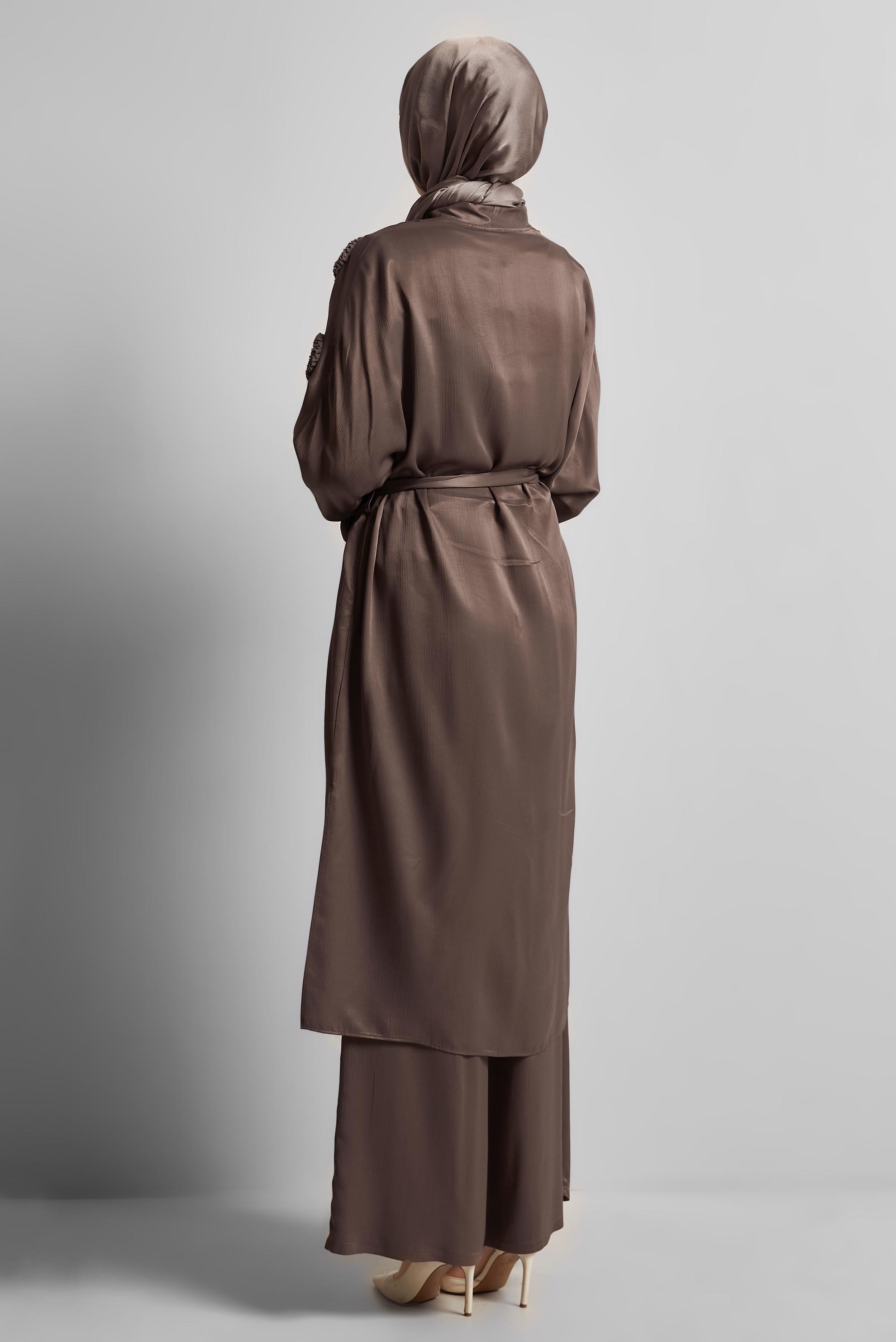 Tesettür giyim KAHVE KUŞAKLI PANTOLONLU TAKIM 45579