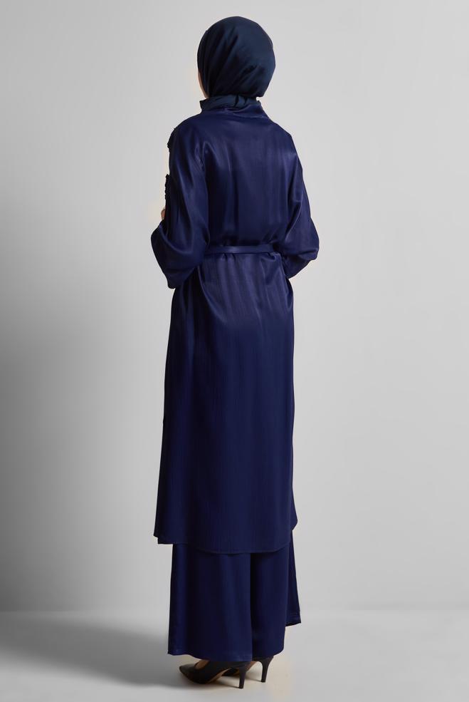 Tesettür giyim LACİVERT KUŞAKLI PANTOLONLU TAKIM 45579 - ALVİNA