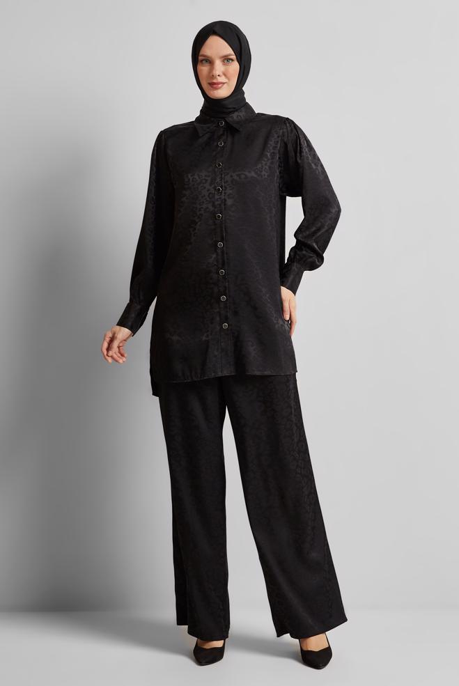 Vêtements hijab NOIR COSTUME PANTALON EN SATIN JACQUARD 45580 - ALVİNA