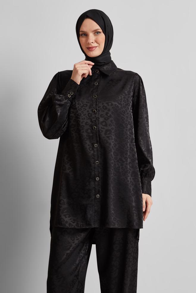 Vêtements hijab NOIR COSTUME PANTALON EN SATIN JACQUARD 45580 - ALVİNA