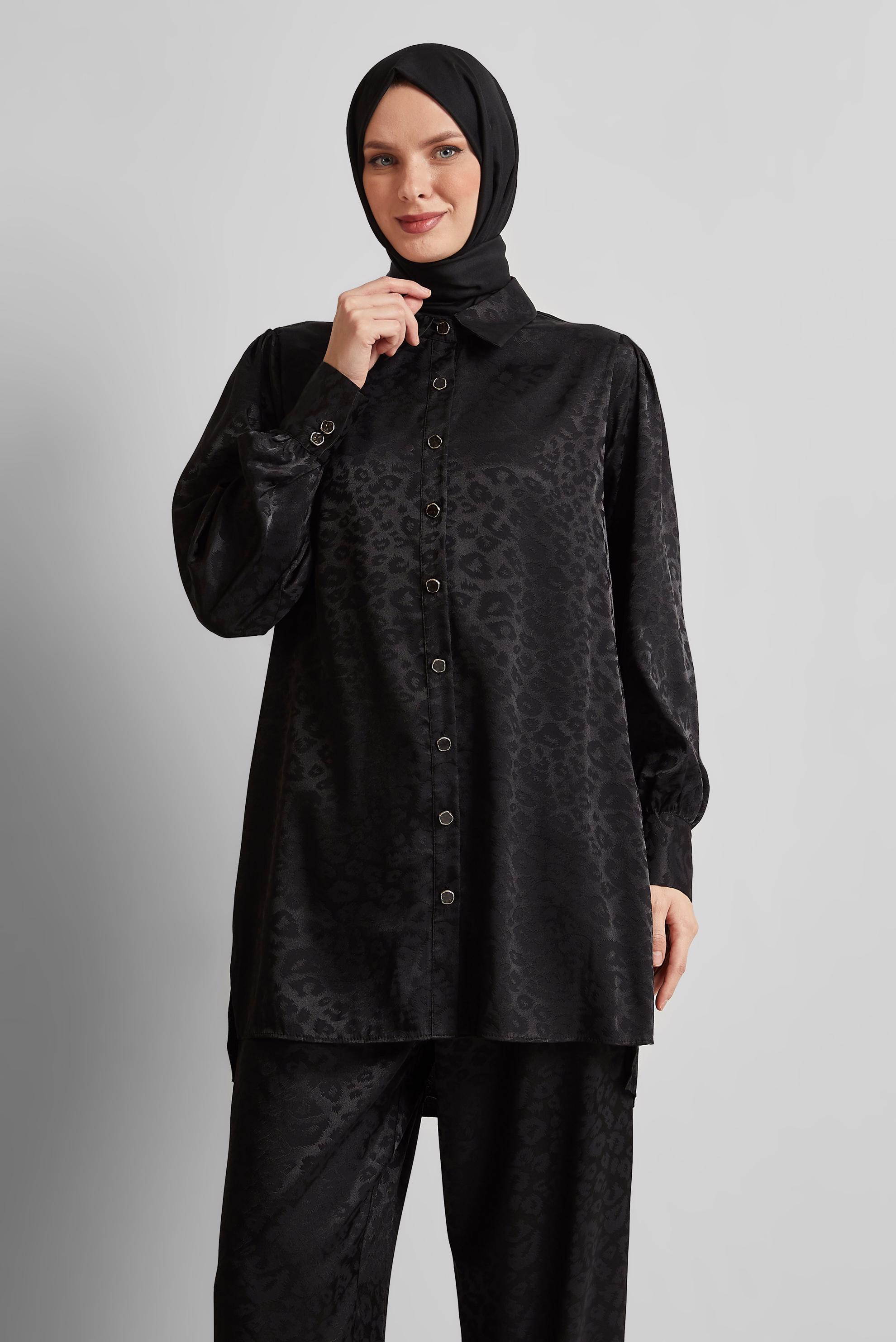 Tesettür giyim SİYAH JAKAR SATEN PANTOLONLU TAKIM 45580