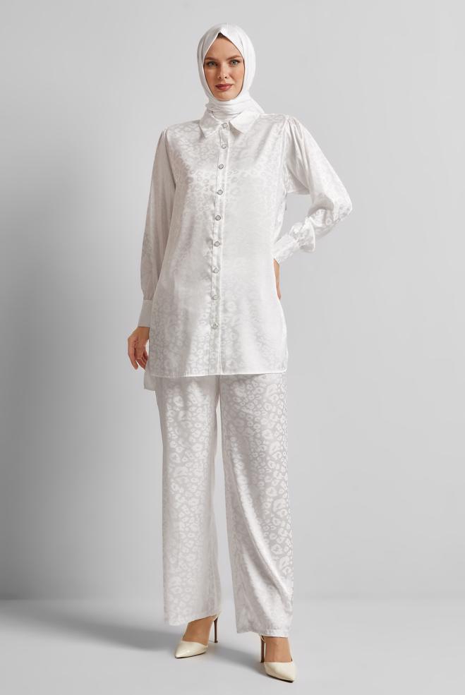 Vêtements hijab BLANC COSTUME PANTALON EN SATIN JACQUARD 45580 - ALVİNA
