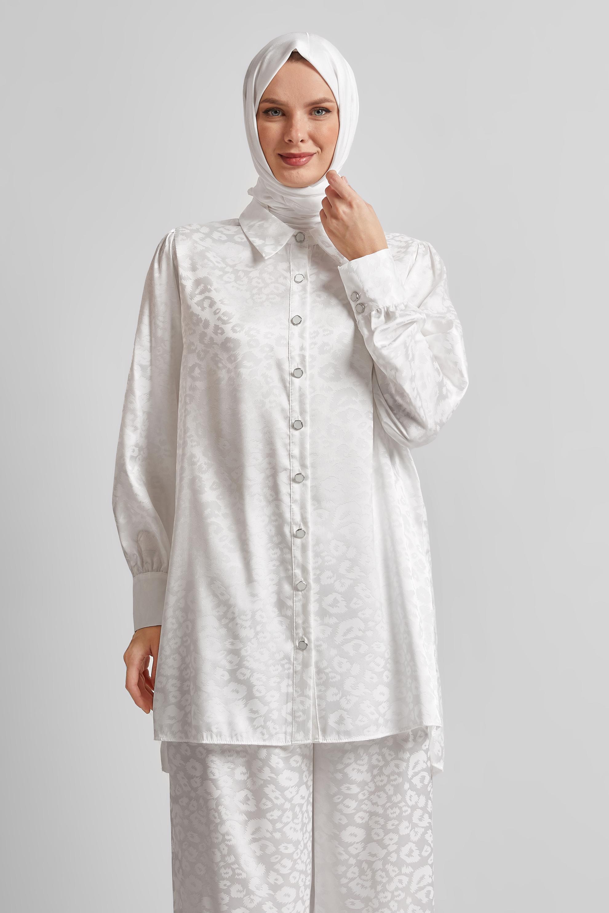 Tesettür giyim BEYAZ JAKAR SATEN PANTOLONLU TAKIM 45580