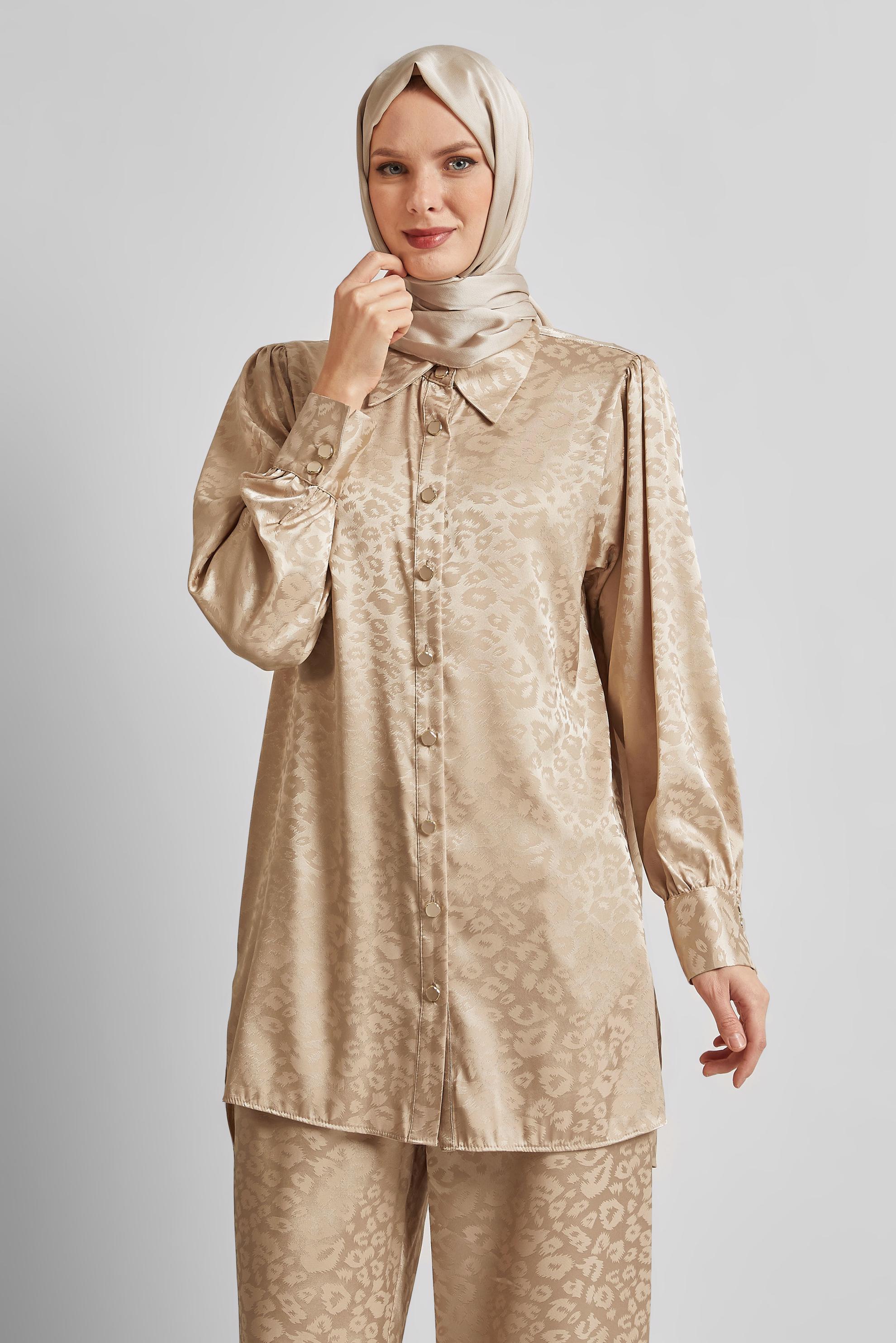 Tesettür giyim KAHVE JAKAR SATEN PANTOLONLU TAKIM 45580