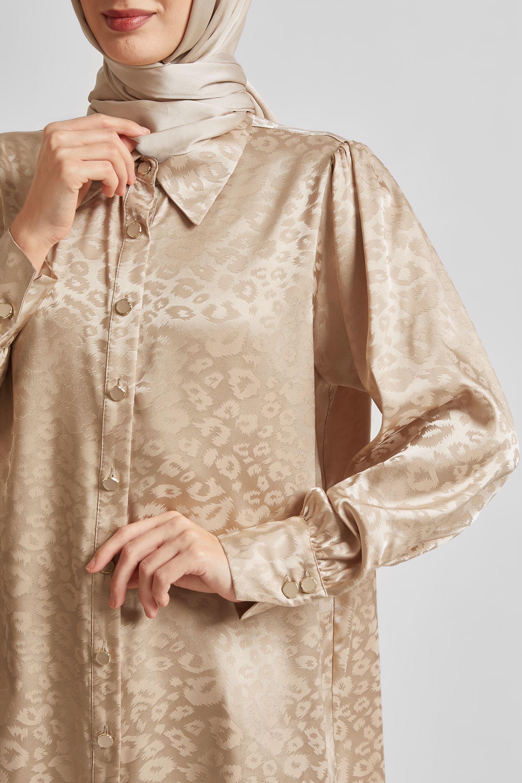 Tesettür giyim KAHVE JAKAR SATEN PANTOLONLU TAKIM 45580