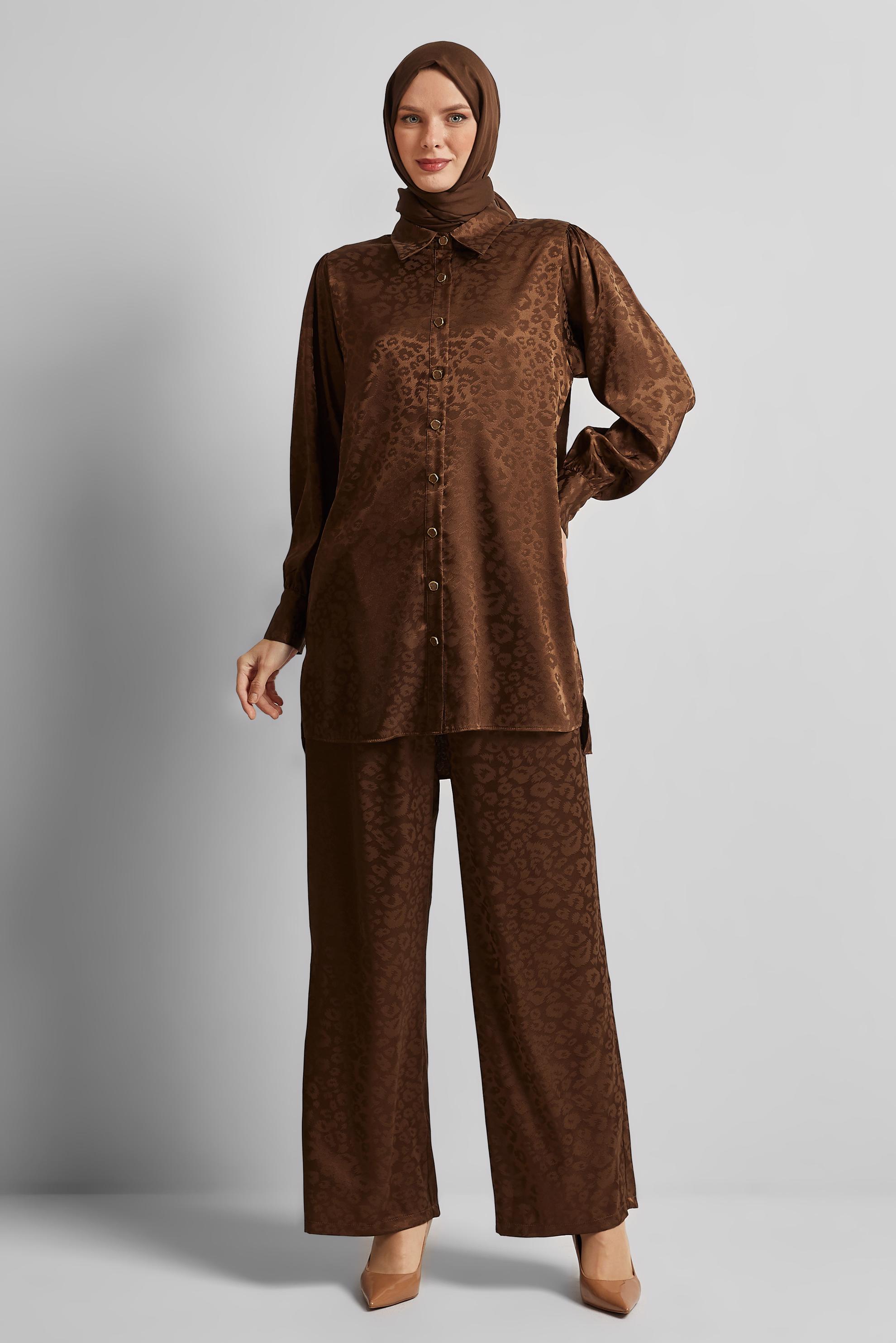 Tesettür giyim KAHVE JAKAR SATEN PANTOLONLU TAKIM 45580