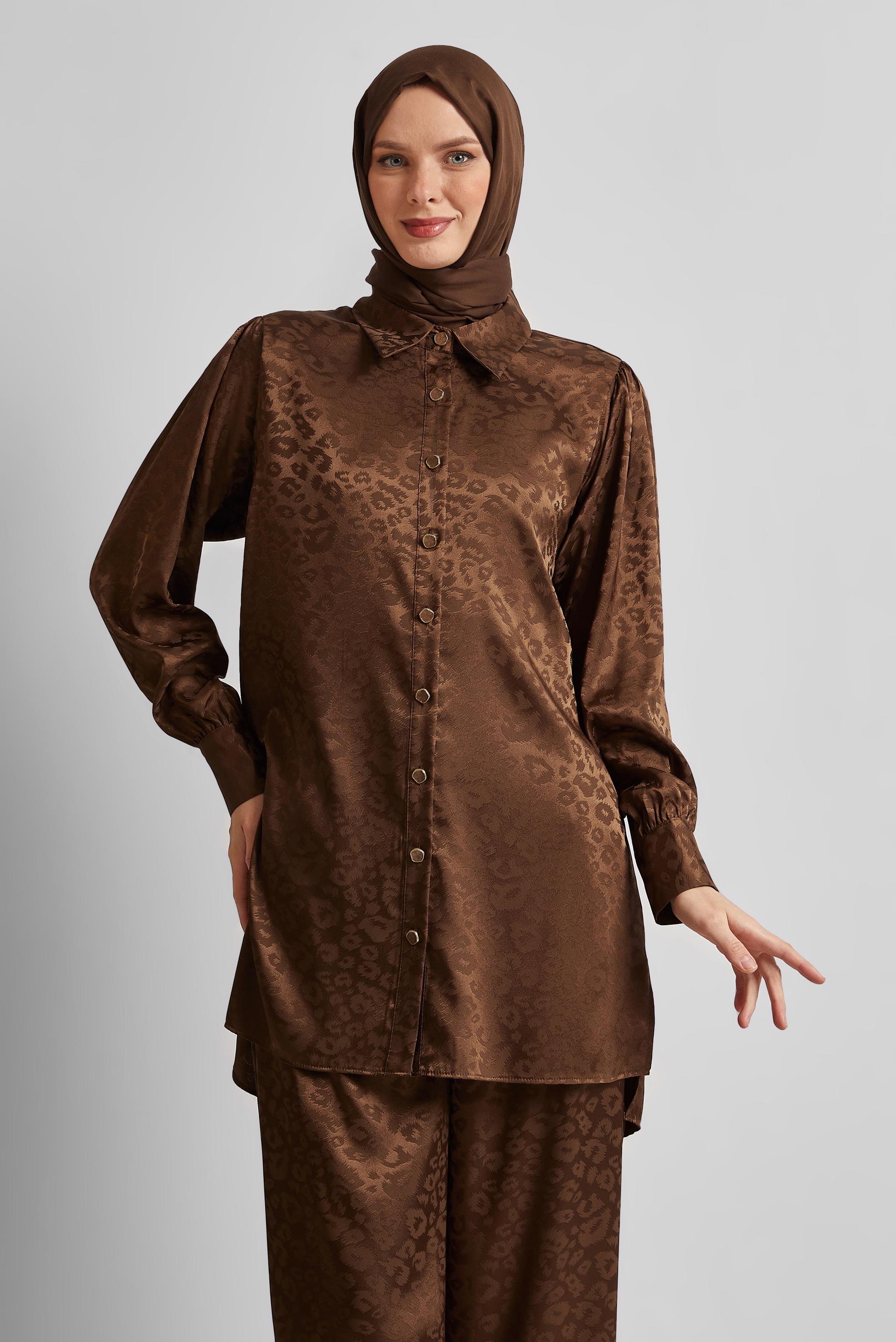 Tesettür giyim KAHVE JAKAR SATEN PANTOLONLU TAKIM 45580