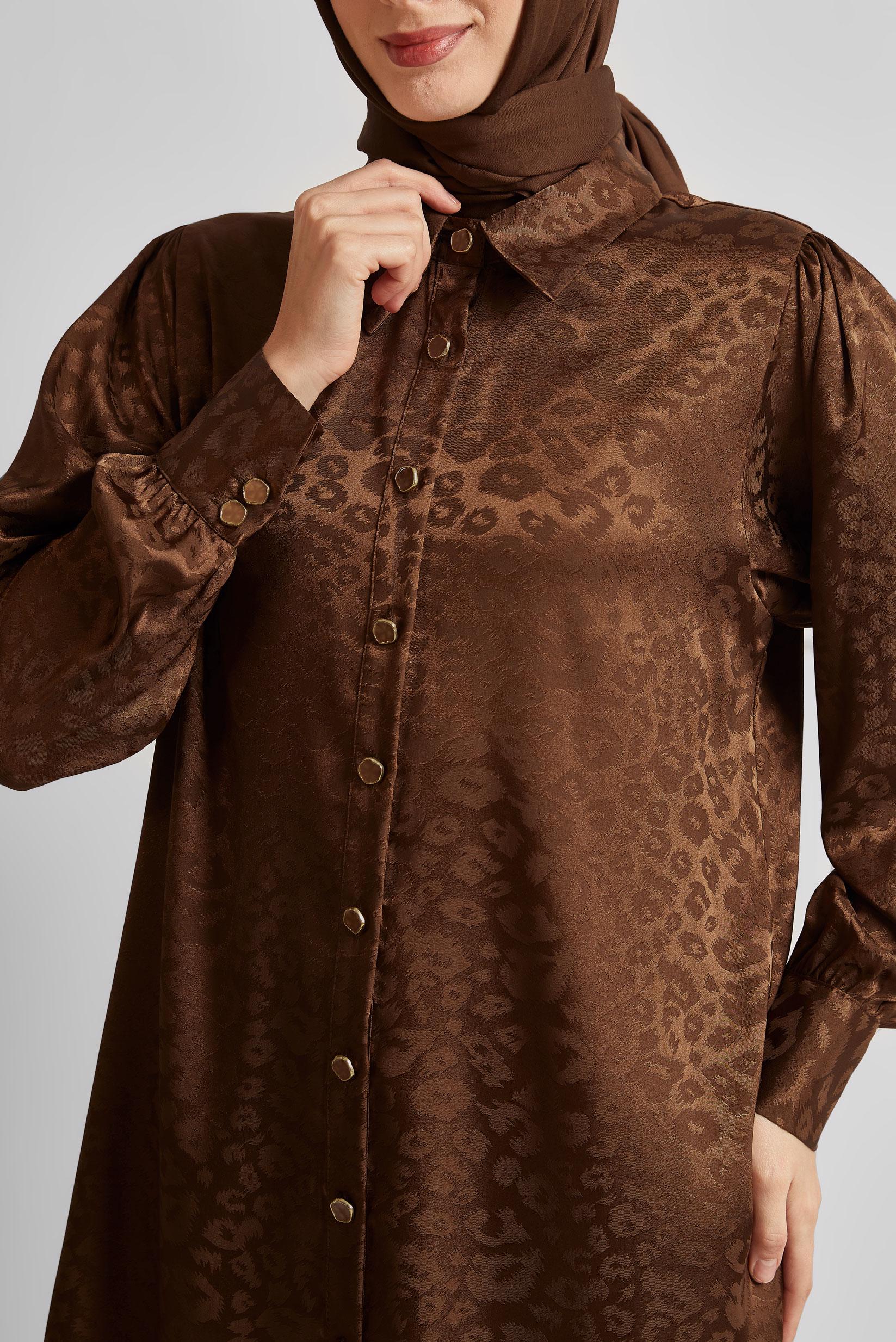 Tesettür giyim KAHVE JAKAR SATEN PANTOLONLU TAKIM 45580