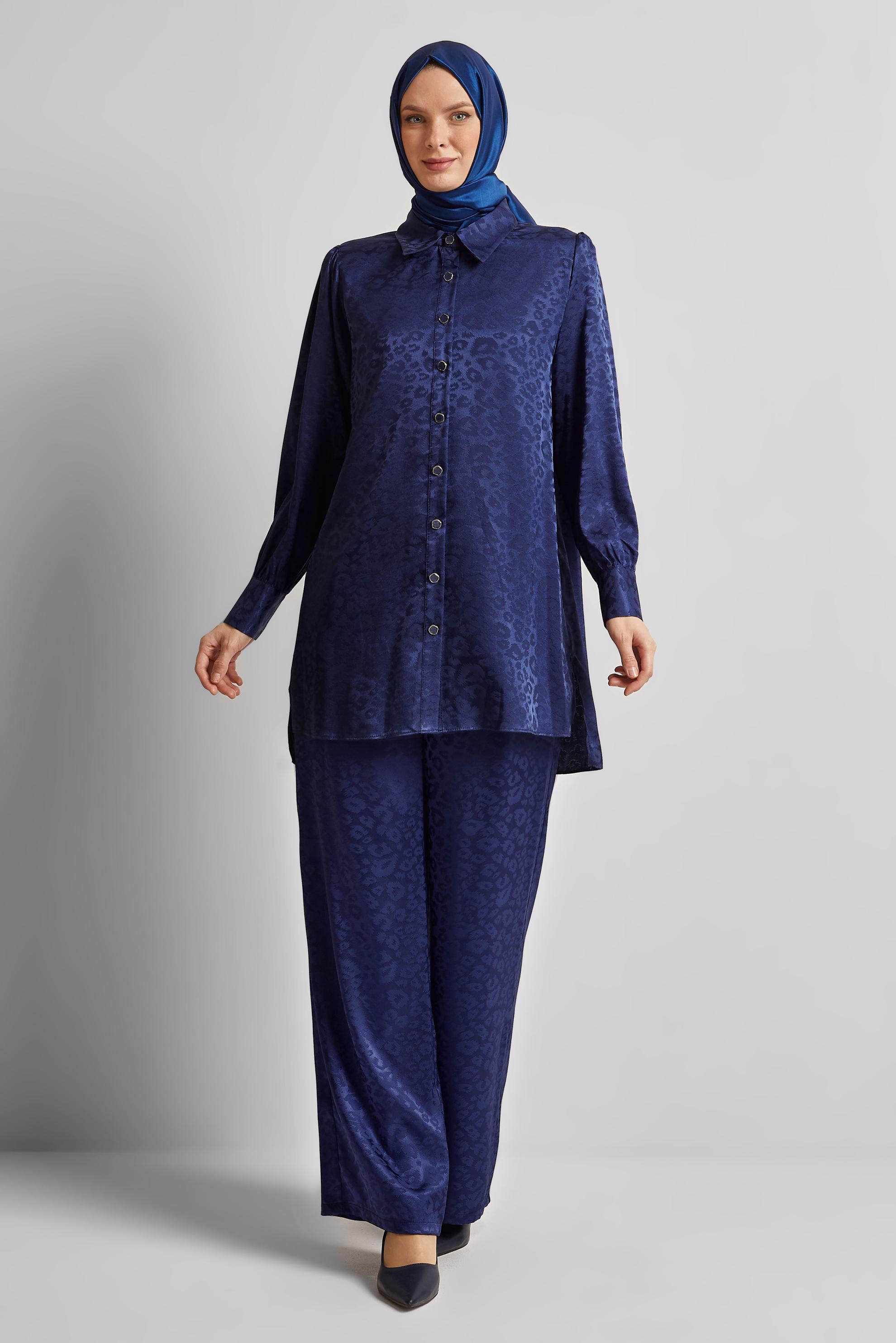 Tesettür giyim LACİVERT JAKAR SATEN PANTOLONLU TAKIM 45580