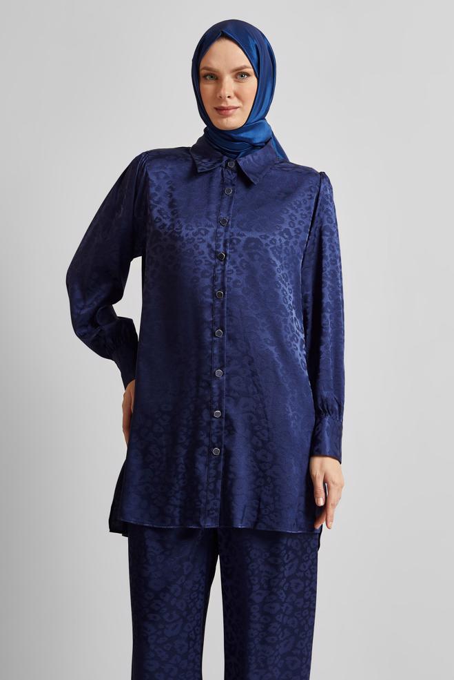 Vêtements hijab BLEU MARINE COSTUME PANTALON EN SATIN JACQUARD 45580 - ALVİNA