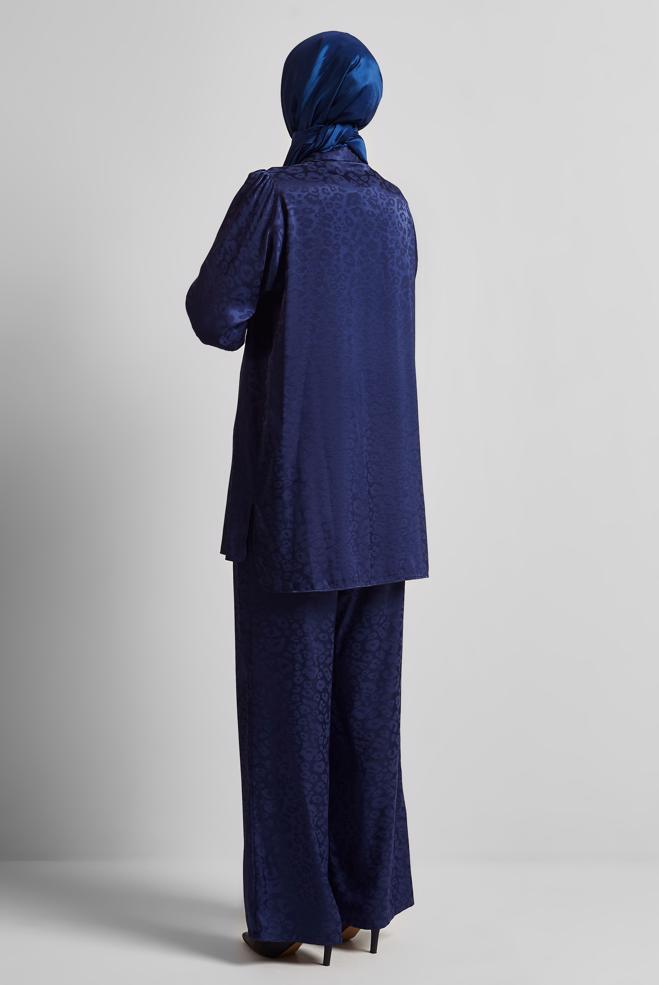 Vêtements hijab BLEU MARINE COSTUME PANTALON EN SATIN JACQUARD 45580 - ALVİNA