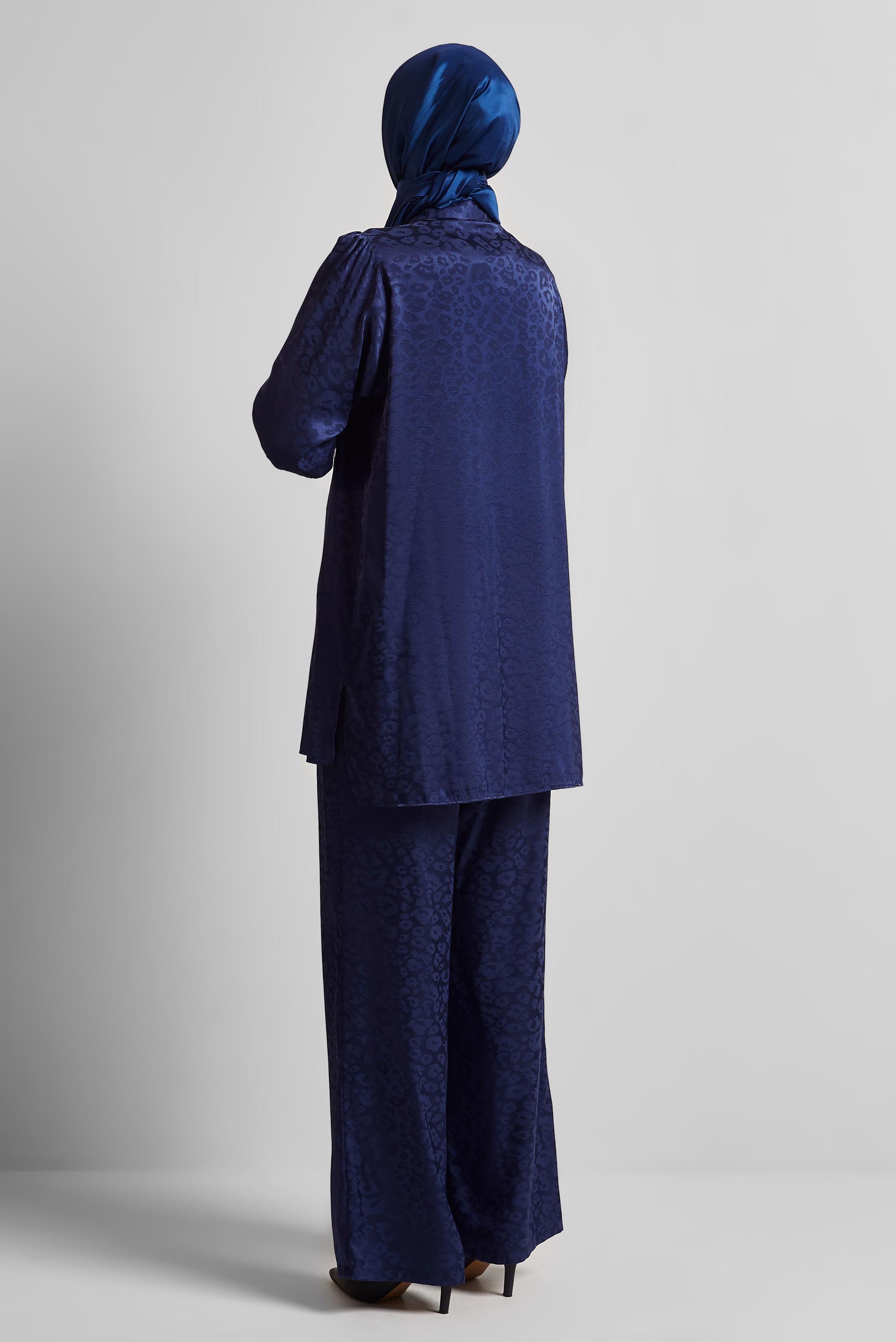 Tesettür giyim LACİVERT JAKAR SATEN PANTOLONLU TAKIM 45580