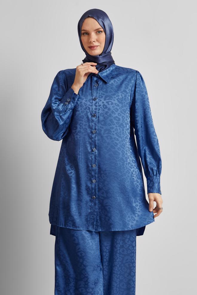 Vêtements hijab BLEU MARINE COSTUME PANTALON EN SATIN JACQUARD 45580 - ALVİNA