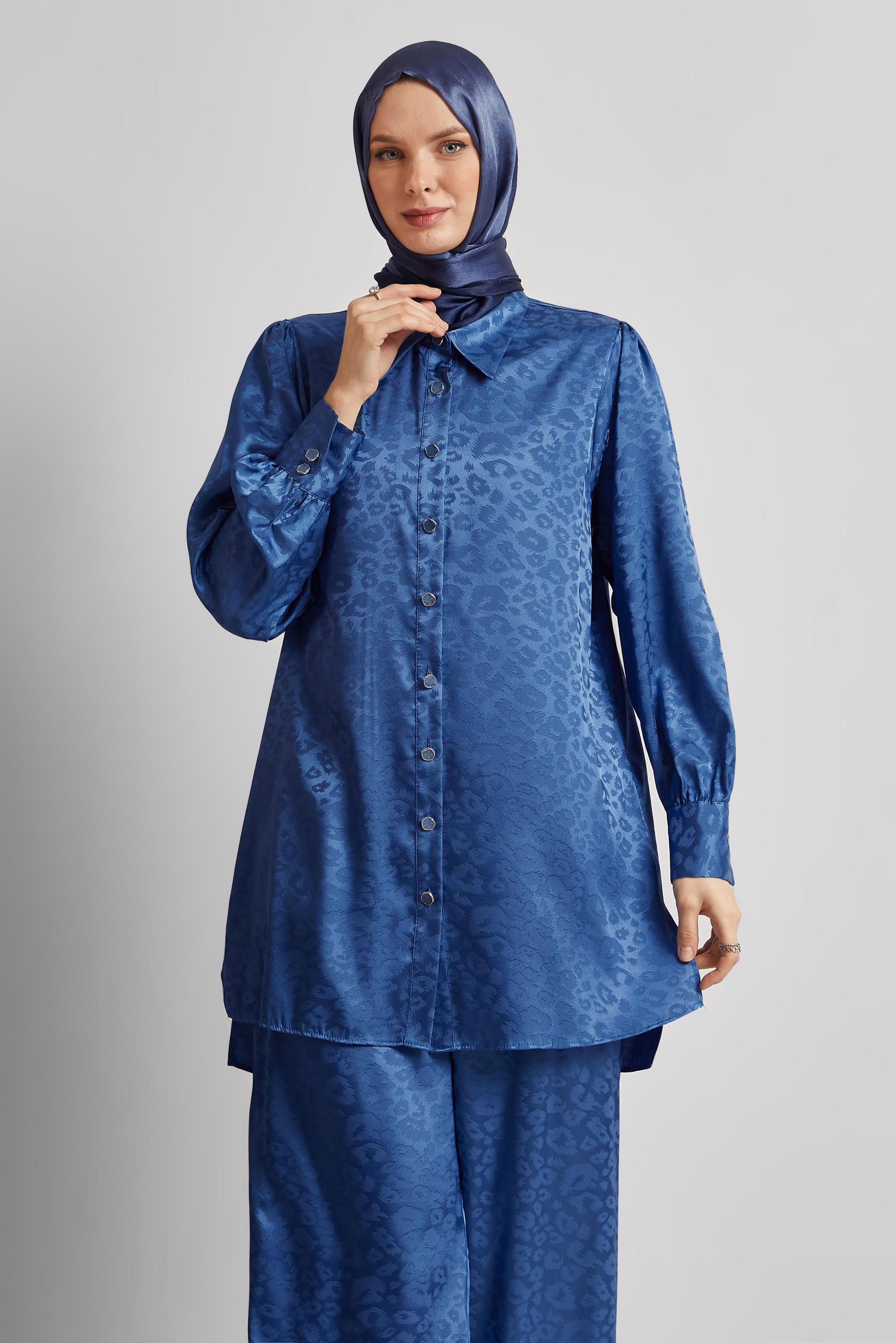 Tesettür giyim LACİVERT JAKAR SATEN PANTOLONLU TAKIM 45580