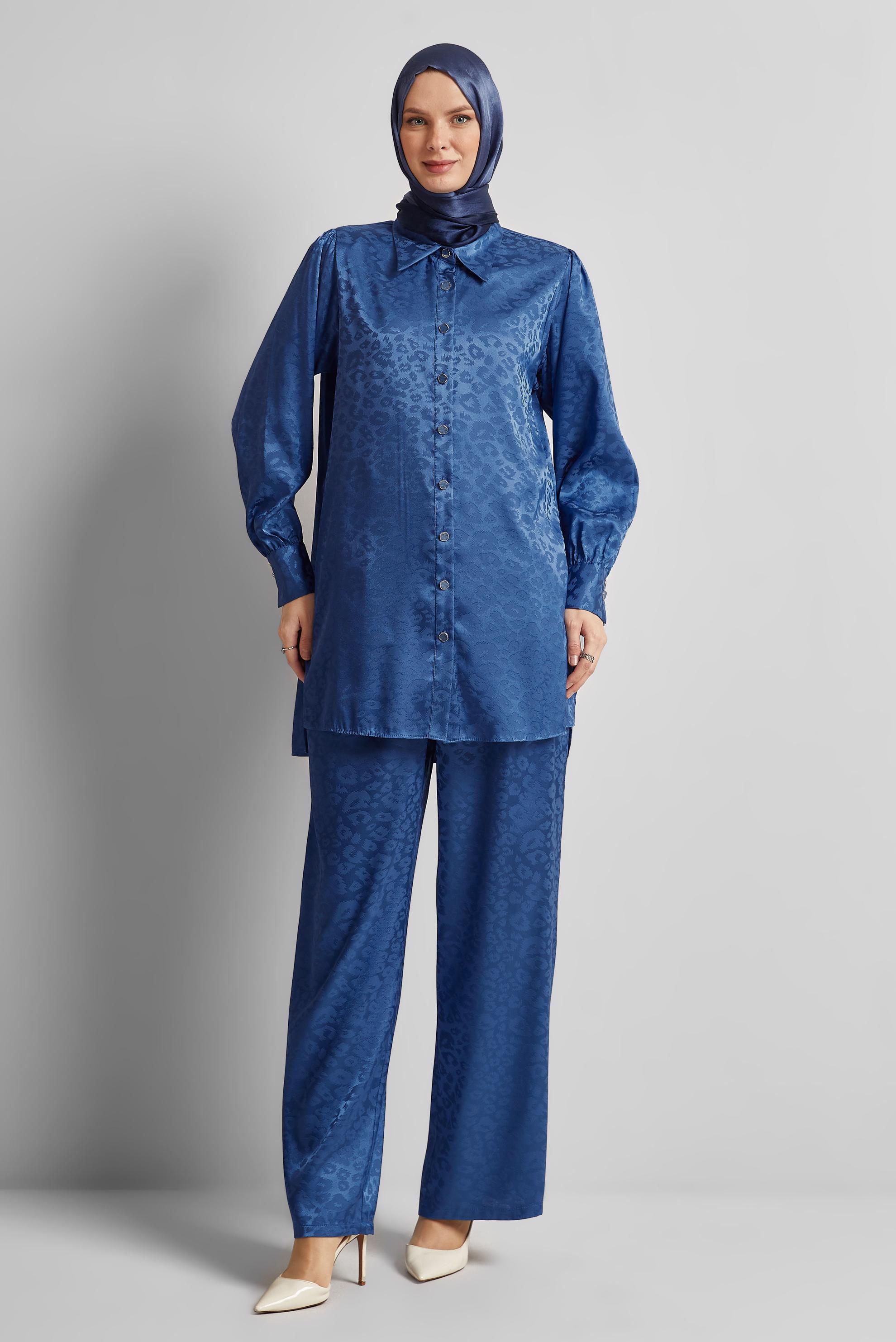 Tesettür giyim LACİVERT JAKAR SATEN PANTOLONLU TAKIM 45580
