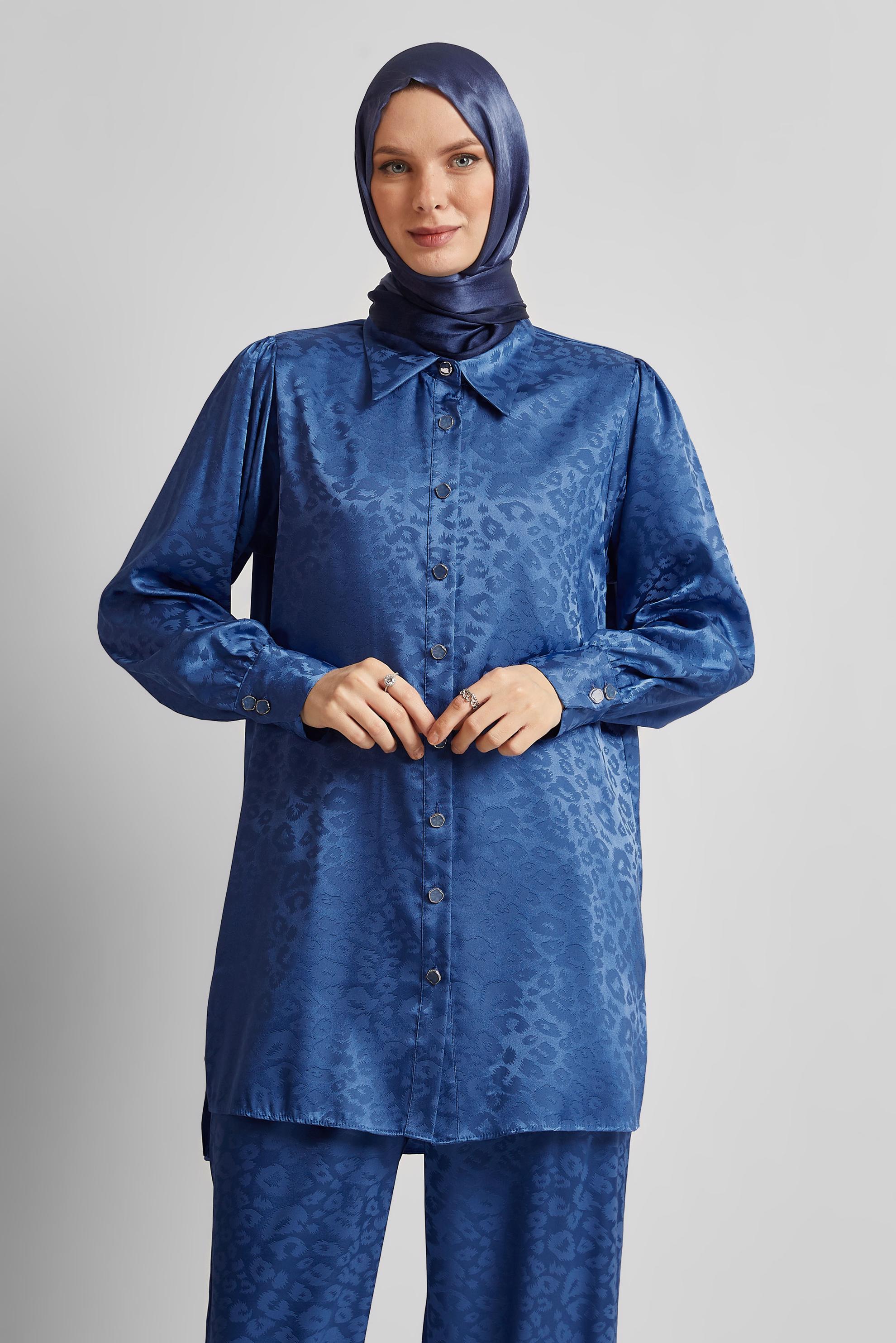 Tesettür giyim LACİVERT JAKAR SATEN PANTOLONLU TAKIM 45580