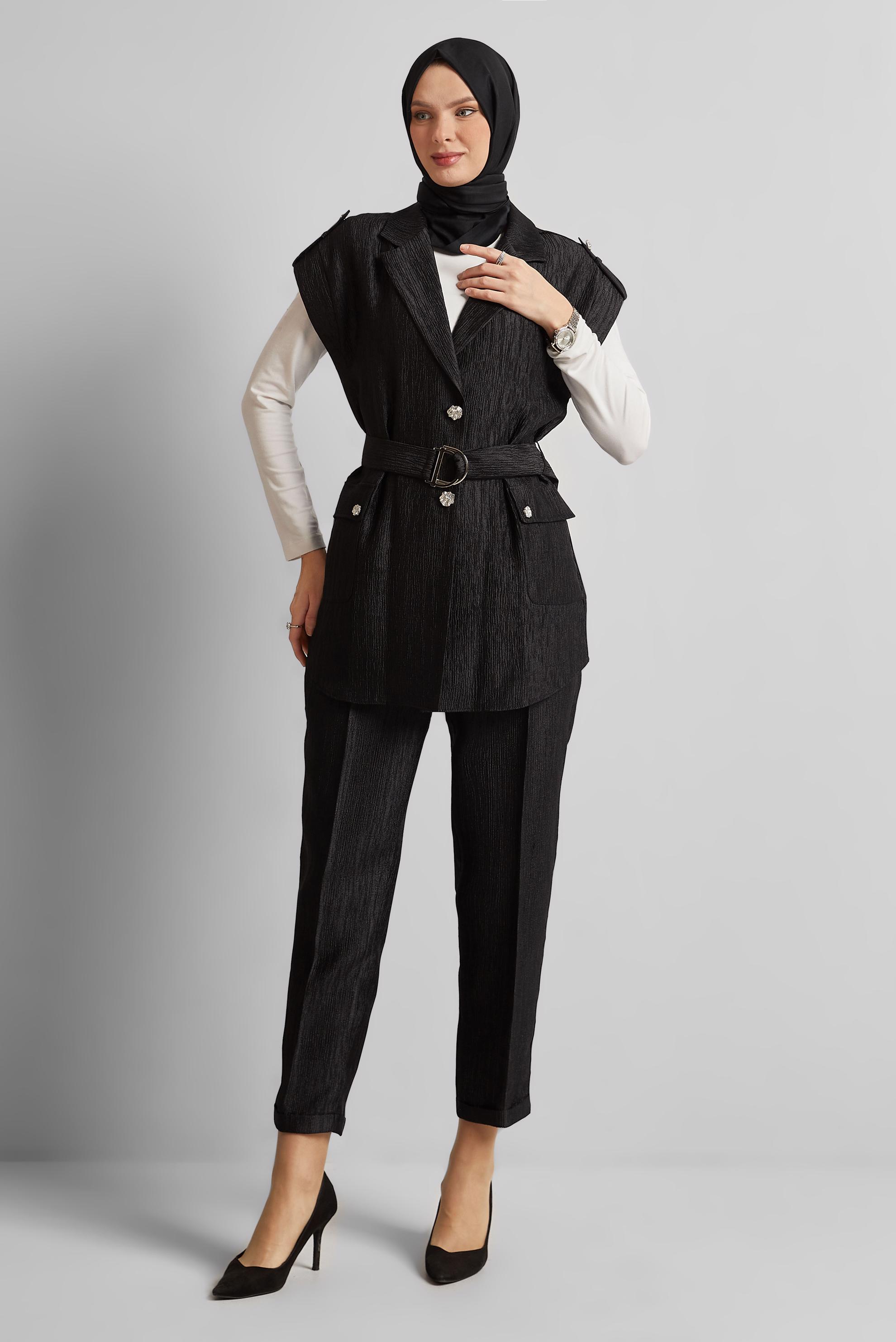 Tesettür giyim SİYAH KEMERLİ PANTOLONLU TAKIM 45581