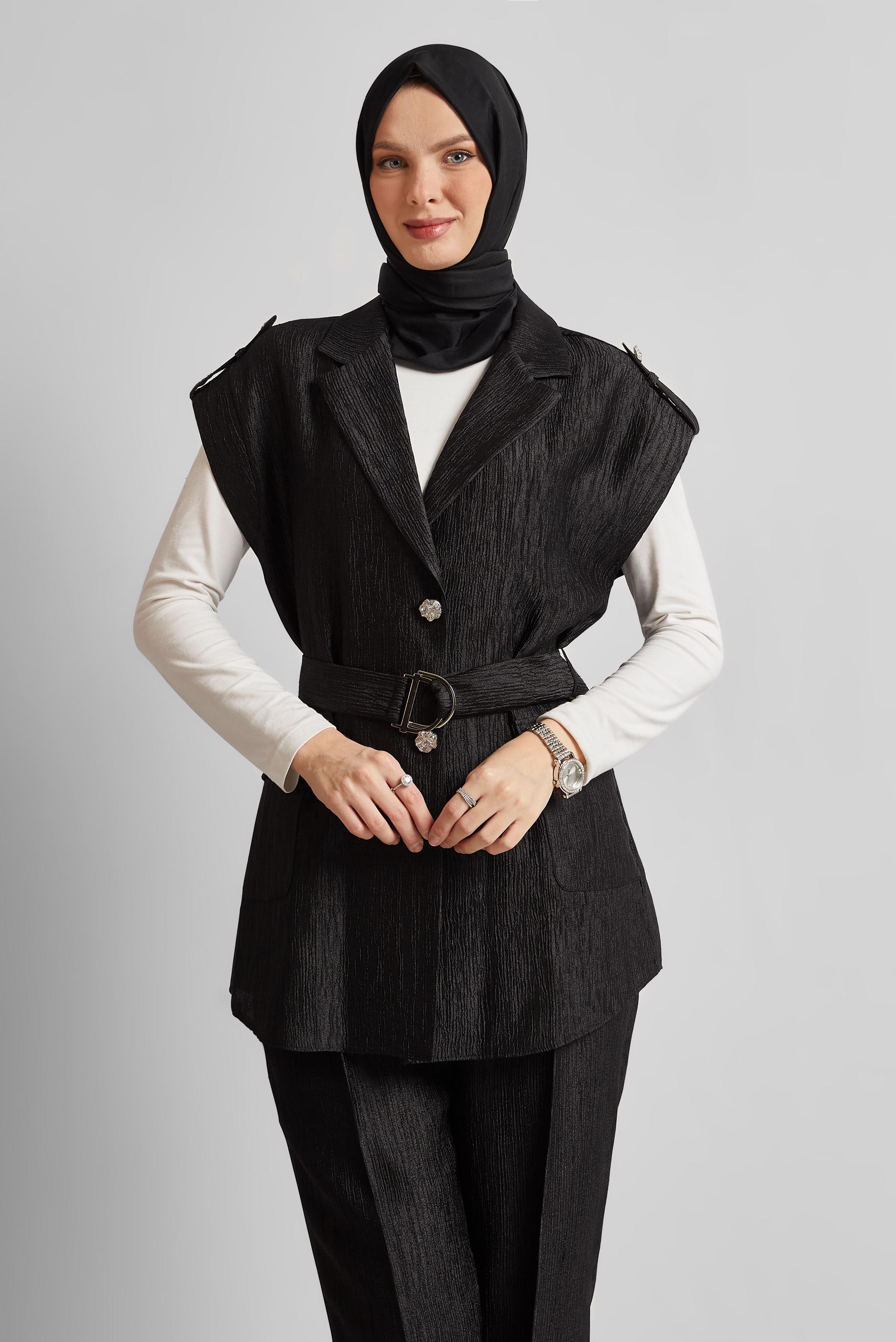 Tesettür giyim SİYAH KEMERLİ PANTOLONLU TAKIM 45581