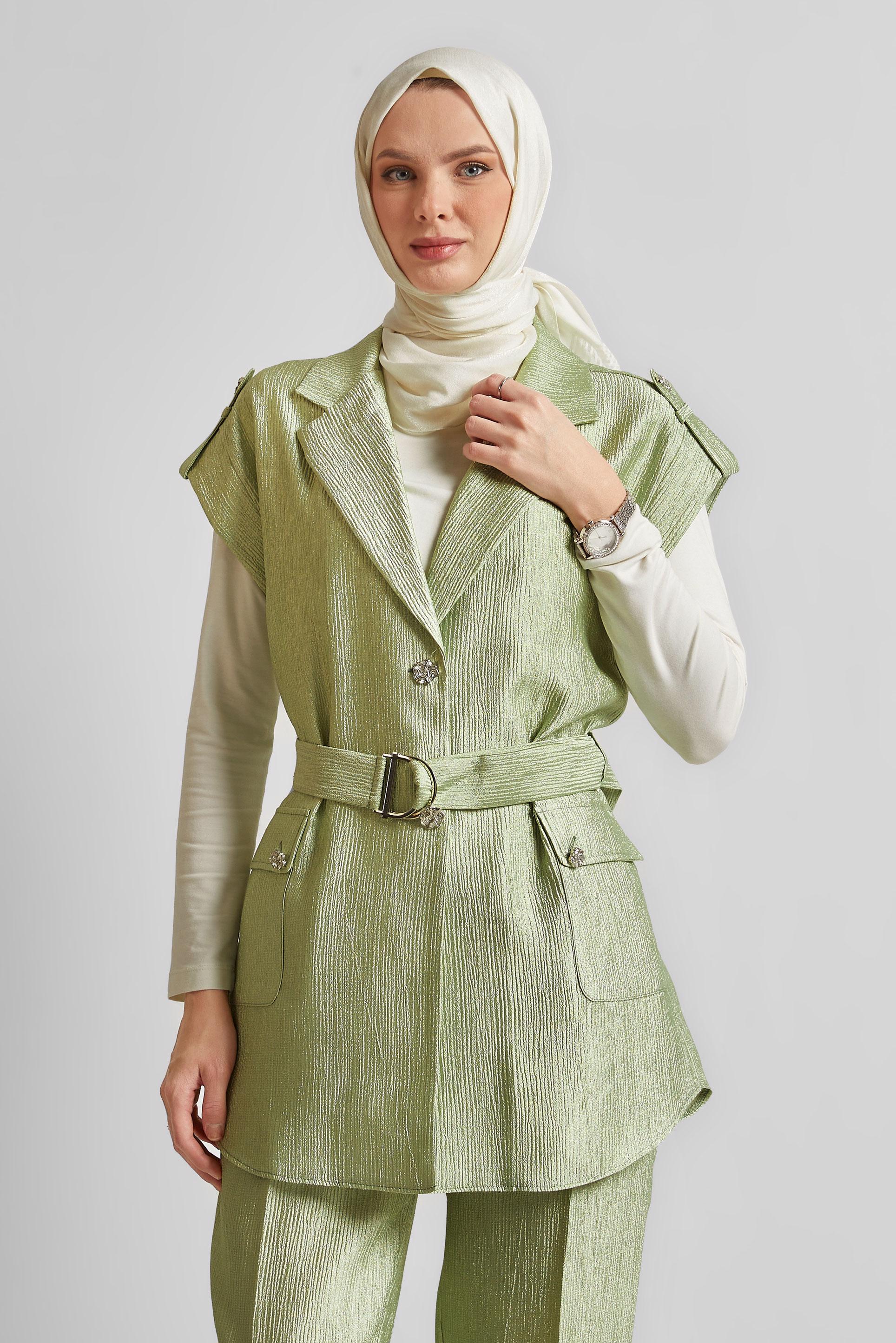 Tesettür giyim YEŞİL KEMERLİ PANTOLONLU TAKIM 45581