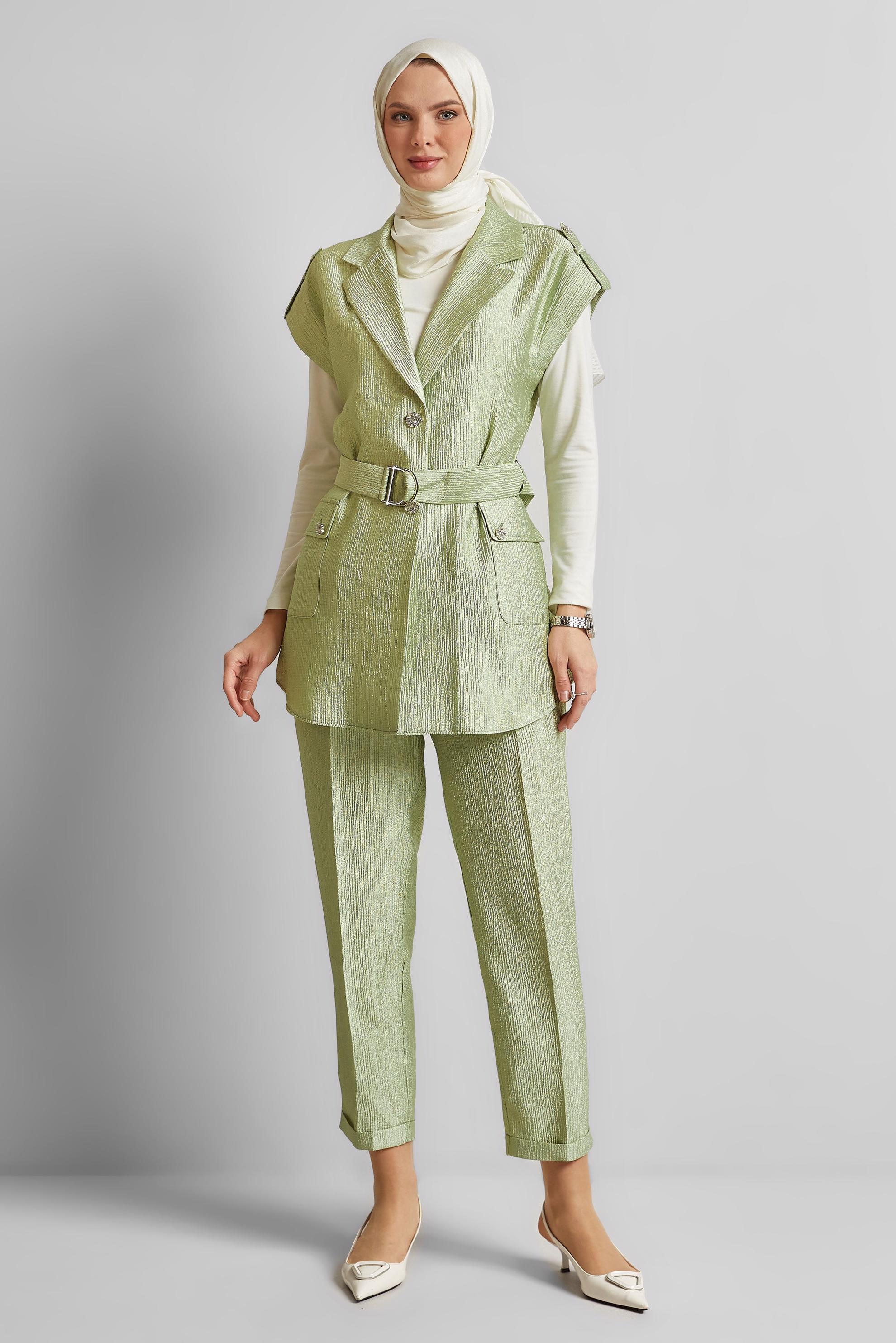 Tesettür giyim YEŞİL KEMERLİ PANTOLONLU TAKIM 45581