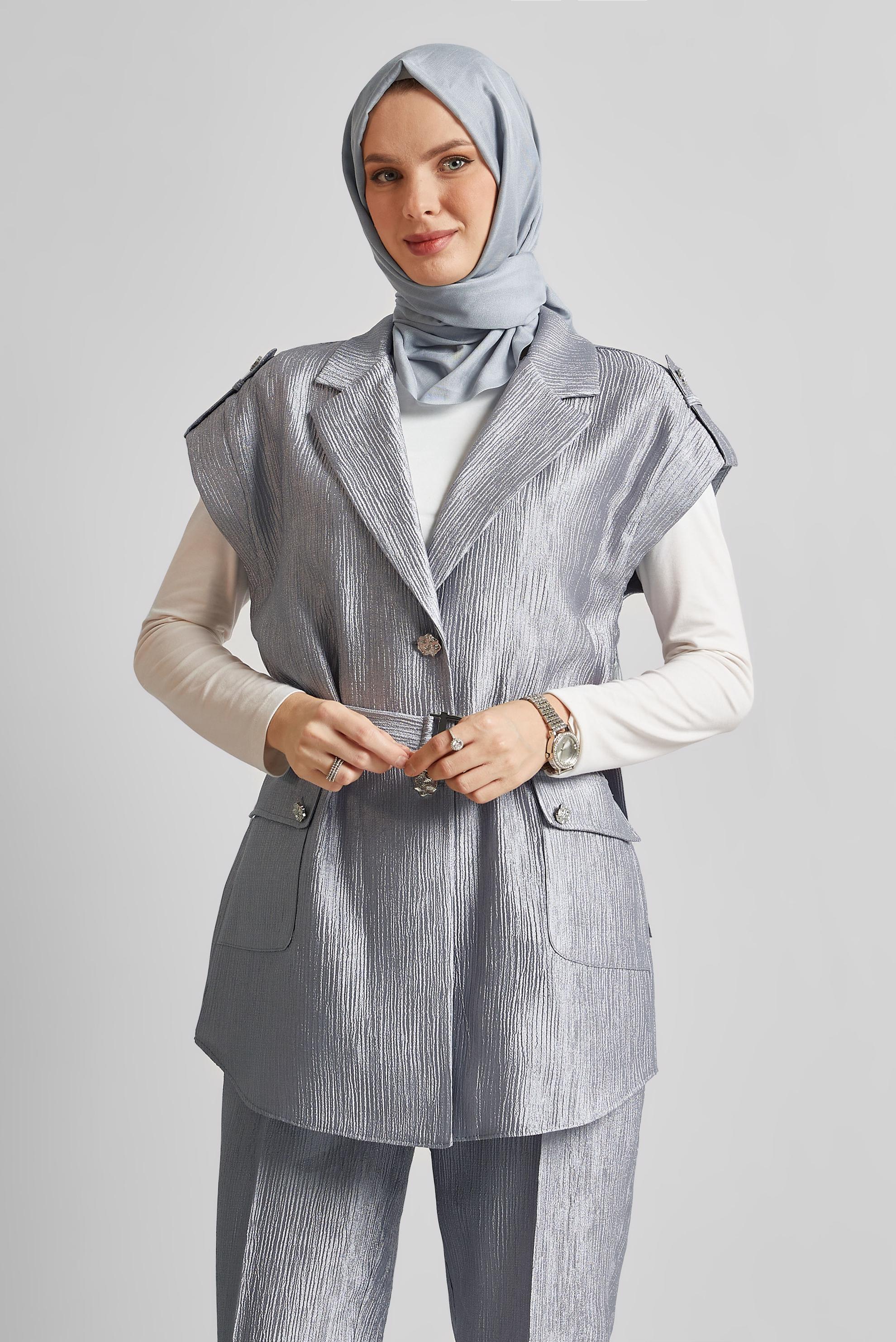 Tesettür giyim GRİ KEMERLİ PANTOLONLU TAKIM 45581