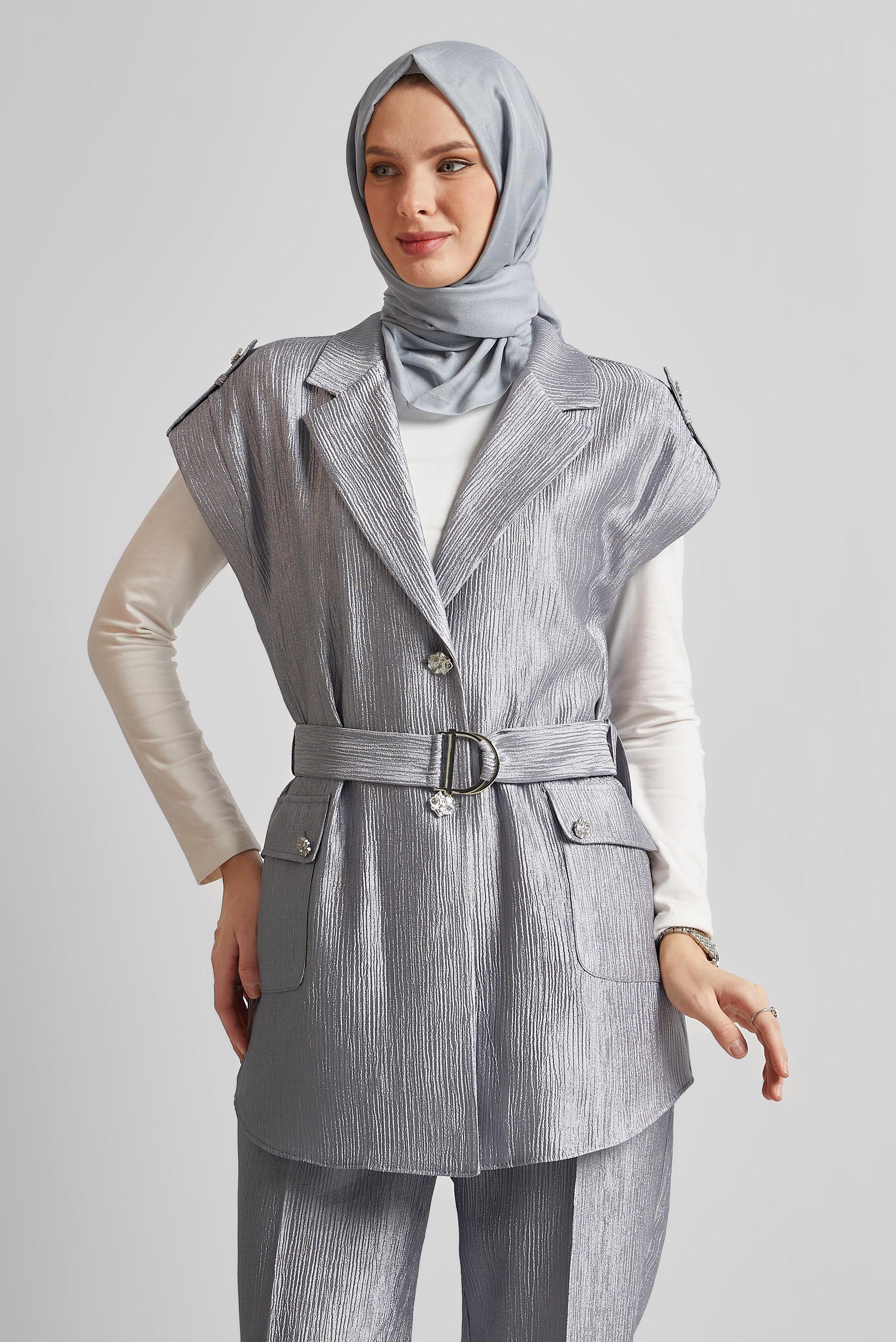 Tesettür giyim GRİ KEMERLİ PANTOLONLU TAKIM 45581