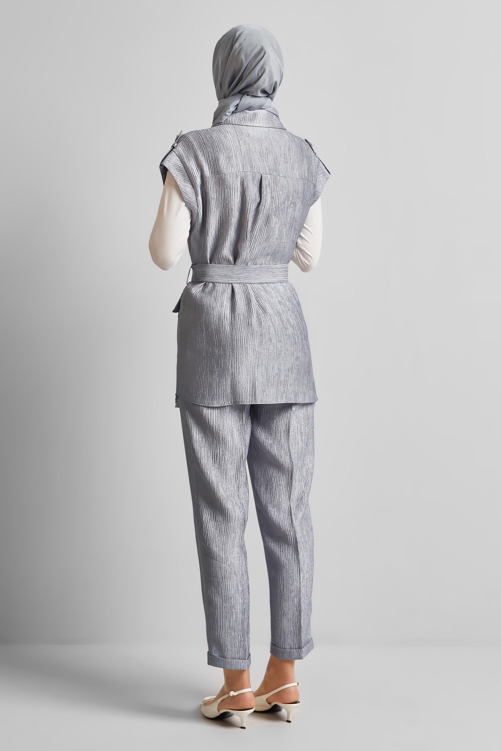 Tesettür giyim GRİ KEMERLİ PANTOLONLU TAKIM 45581