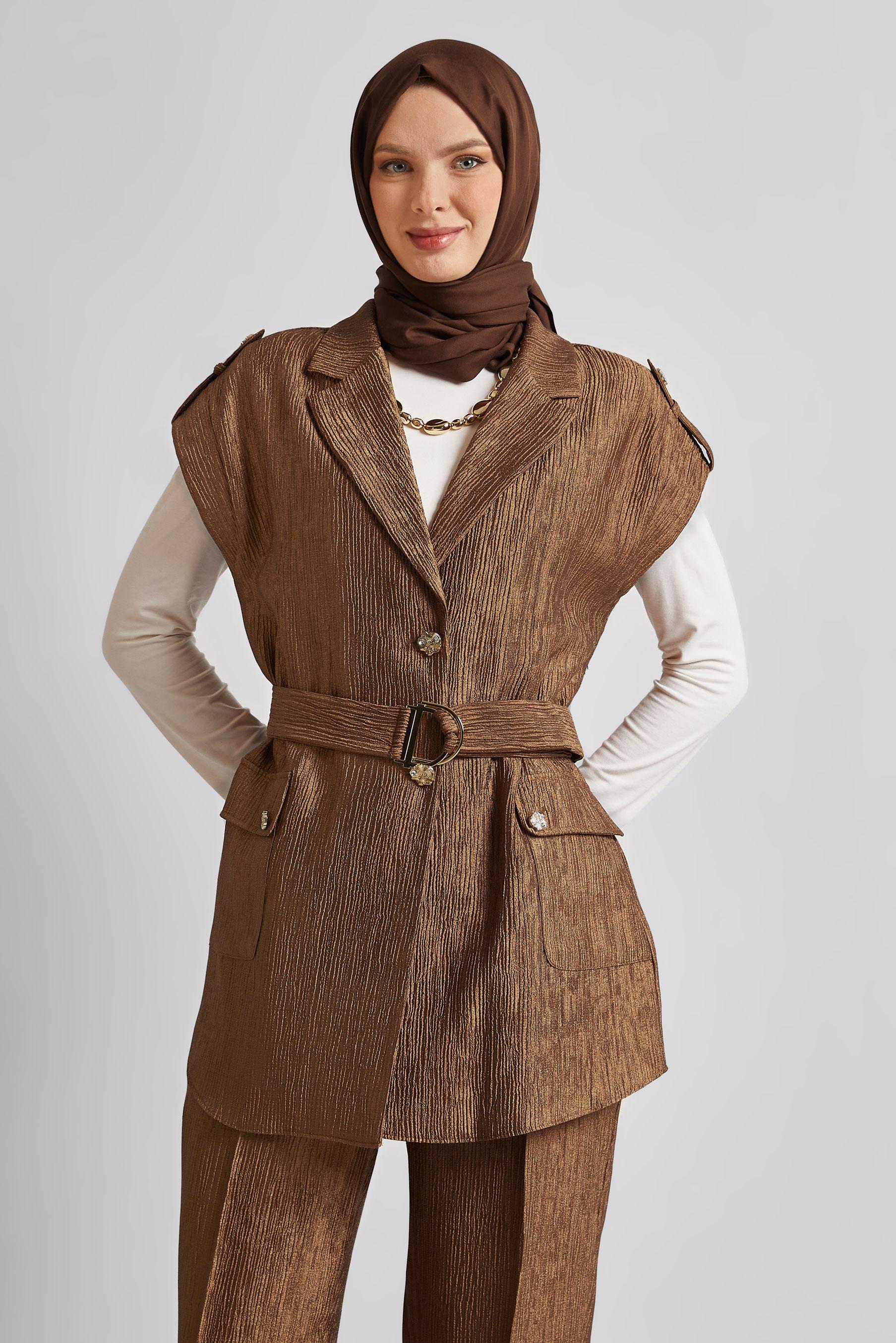 Tesettür giyim KAHVE KEMERLİ PANTOLONLU TAKIM 45581