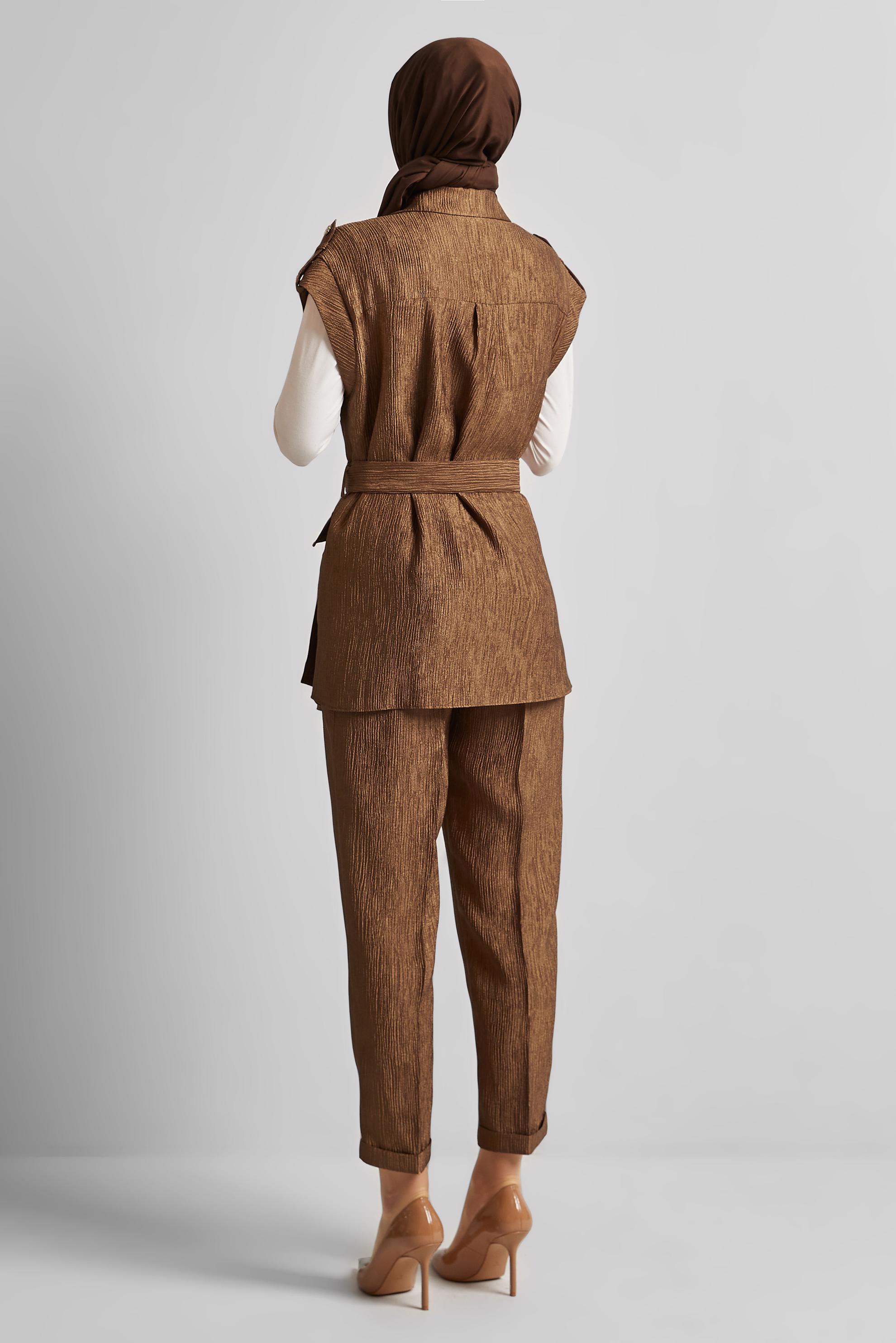 Tesettür giyim KAHVE KEMERLİ PANTOLONLU TAKIM 45581