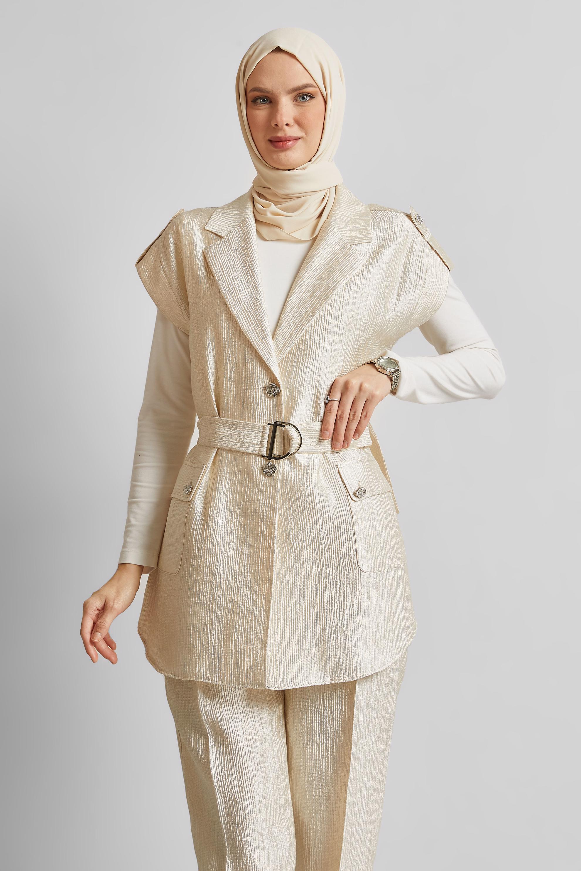 Tesettür giyim BEJ KEMERLİ PANTOLONLU TAKIM 45581