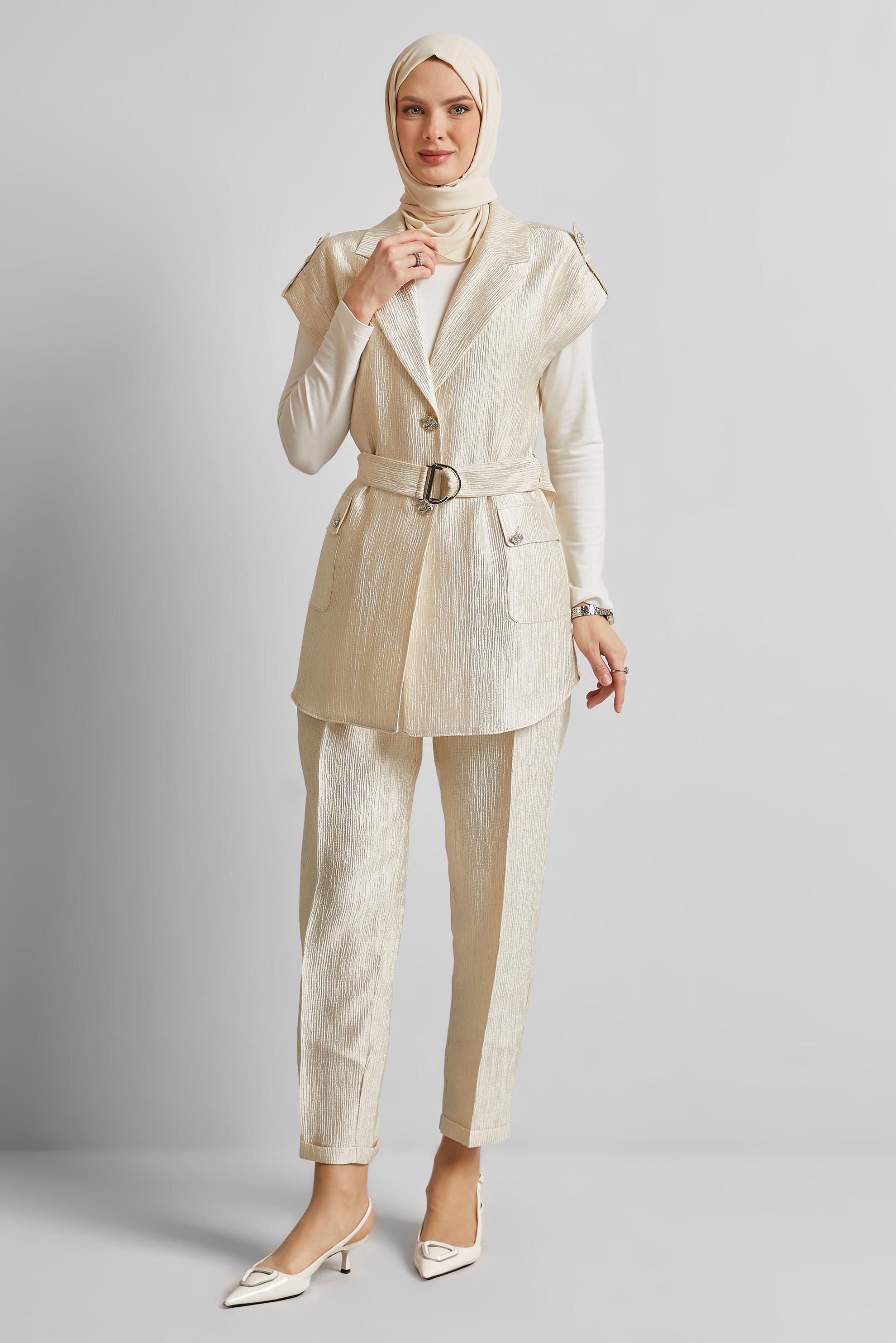 Tesettür giyim BEJ KEMERLİ PANTOLONLU TAKIM 45581