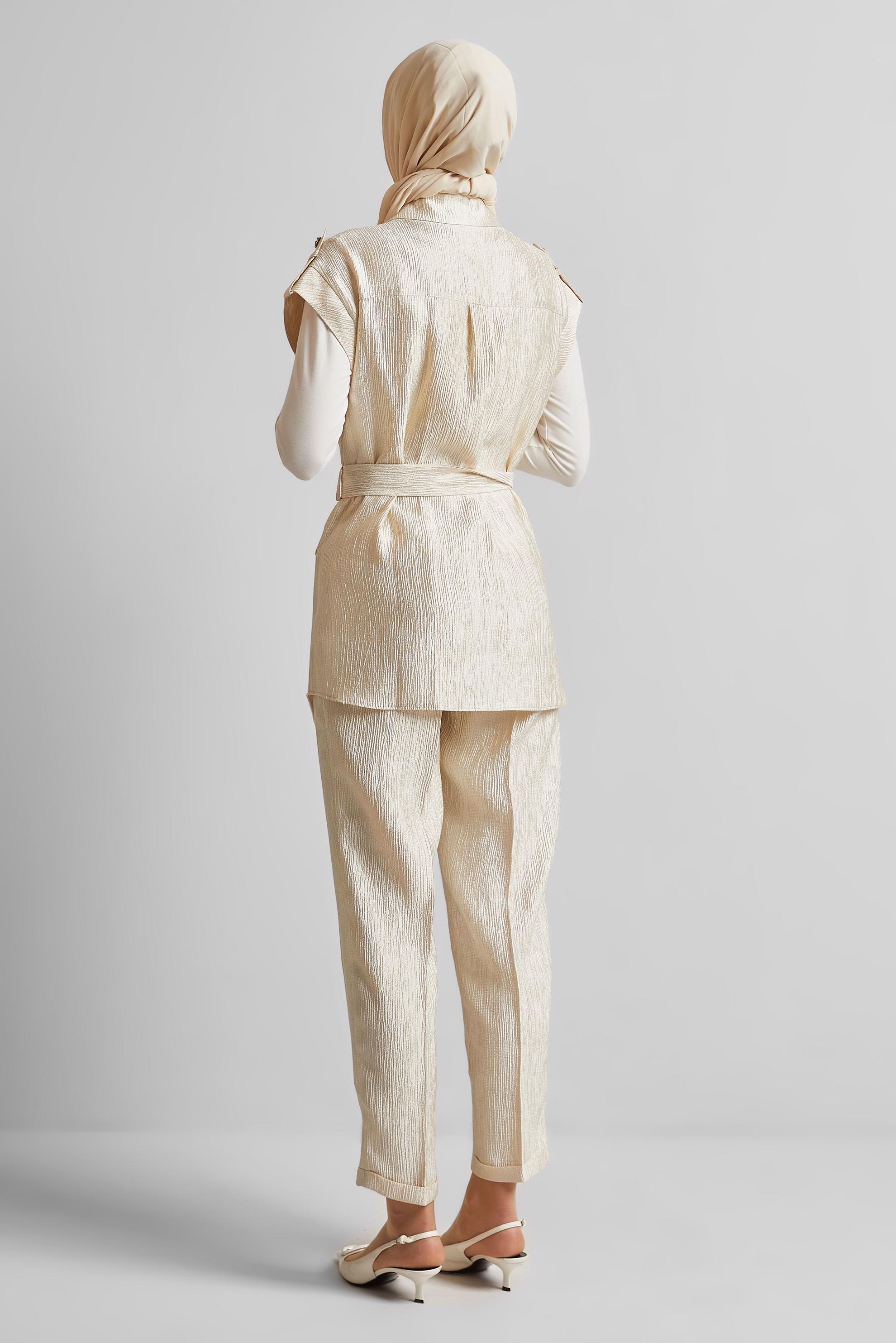 Tesettür giyim BEJ KEMERLİ PANTOLONLU TAKIM 45581