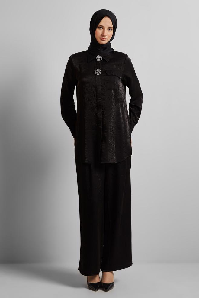 Tesettür giyim SİYAH KRAŞLI PANTOLONLU TAKIM 45583 - ALVİNA