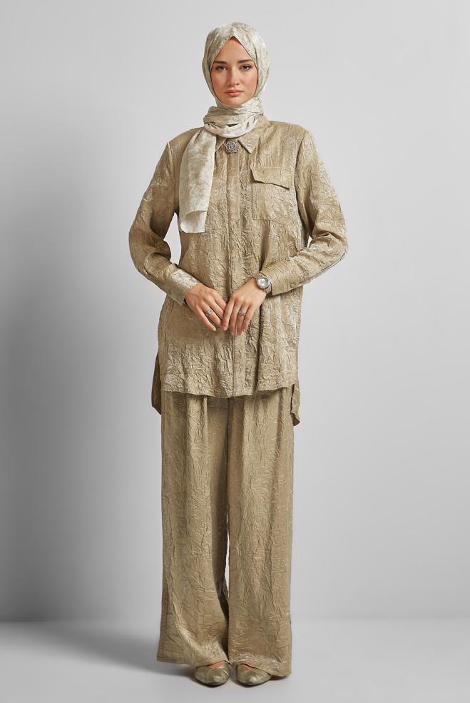 Tesettür giyim BEJ KRAŞLI PANTOLONLU TAKIM 45583 - ALVİNA