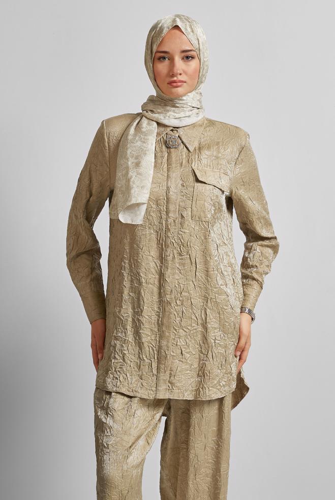 Tesettür giyim BEJ KRAŞLI PANTOLONLU TAKIM 45583 - ALVİNA