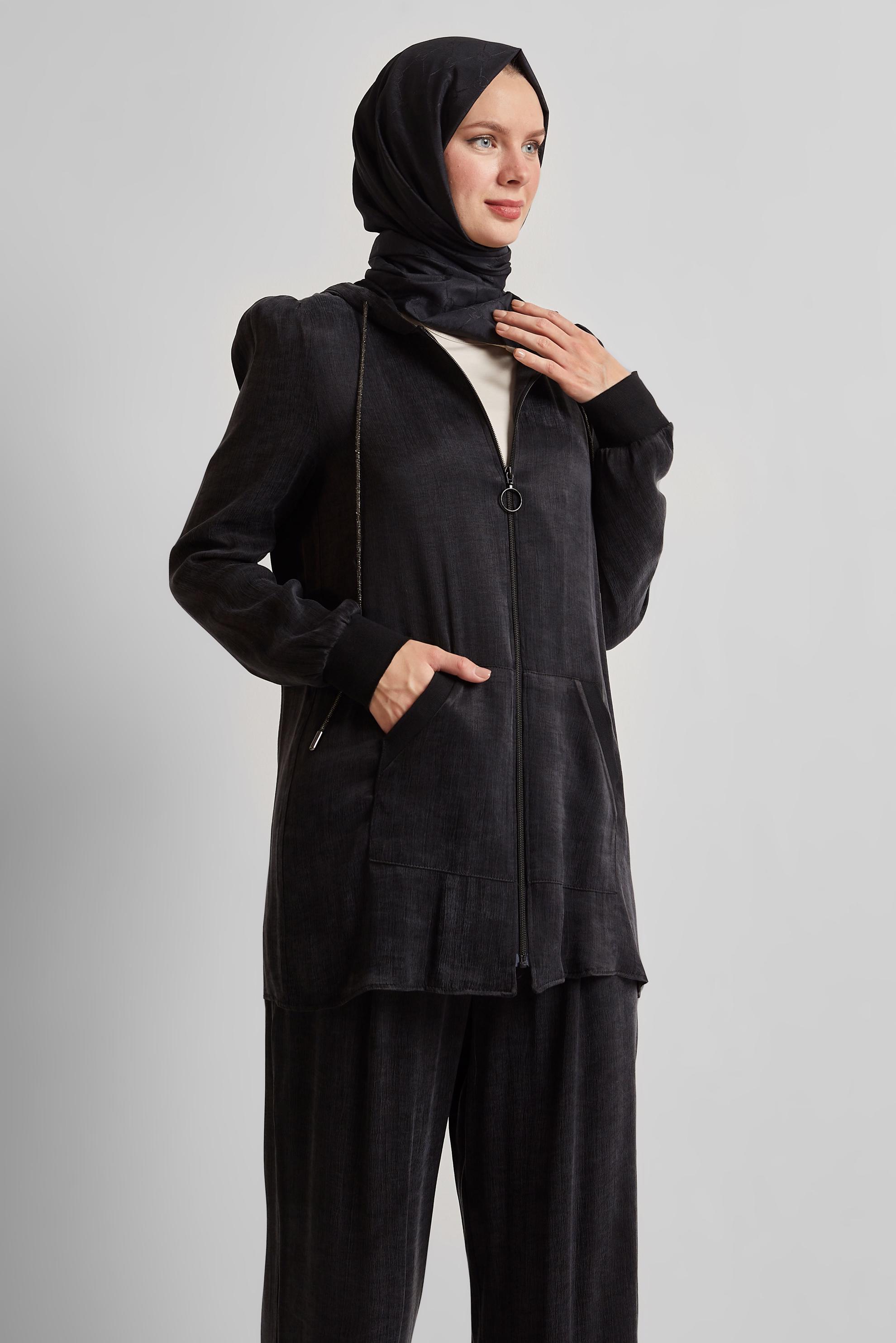 Tesettür giyim SİYAH KAPÜŞONLU PANTOLONLU TAKIM 45585