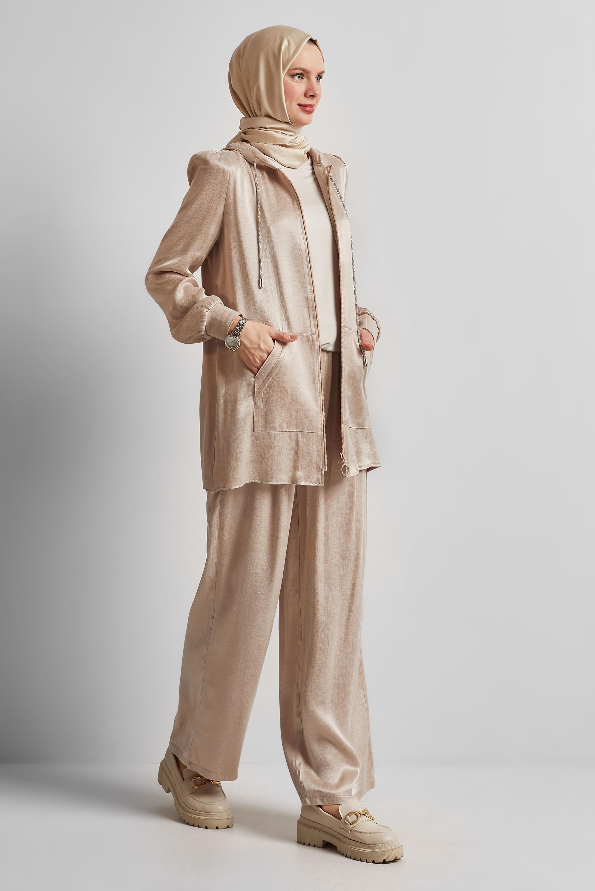 Tesettür giyim BEJ KAPÜŞONLU PANTOLONLU TAKIM 45585