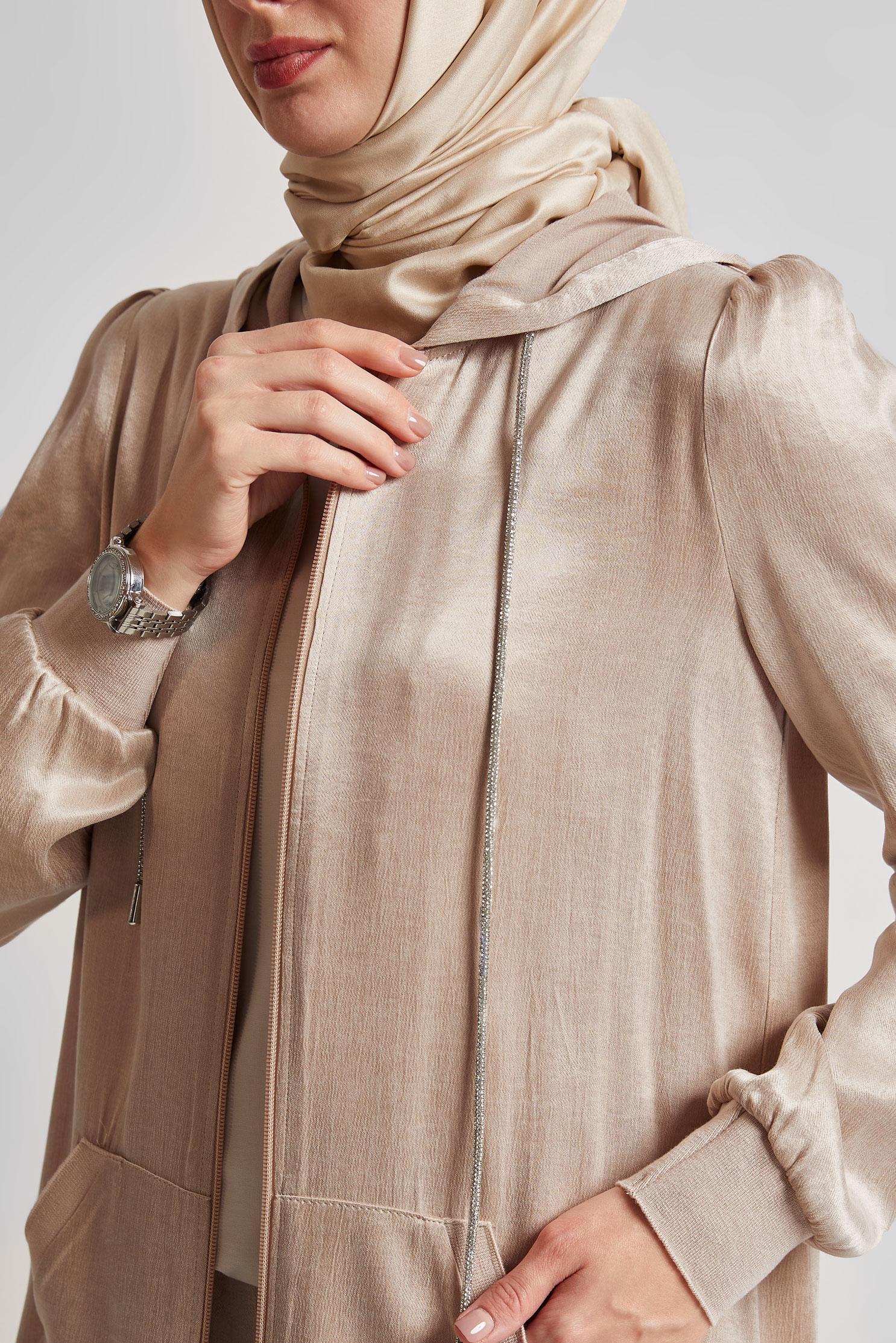 Tesettür giyim BEJ KAPÜŞONLU PANTOLONLU TAKIM 45585