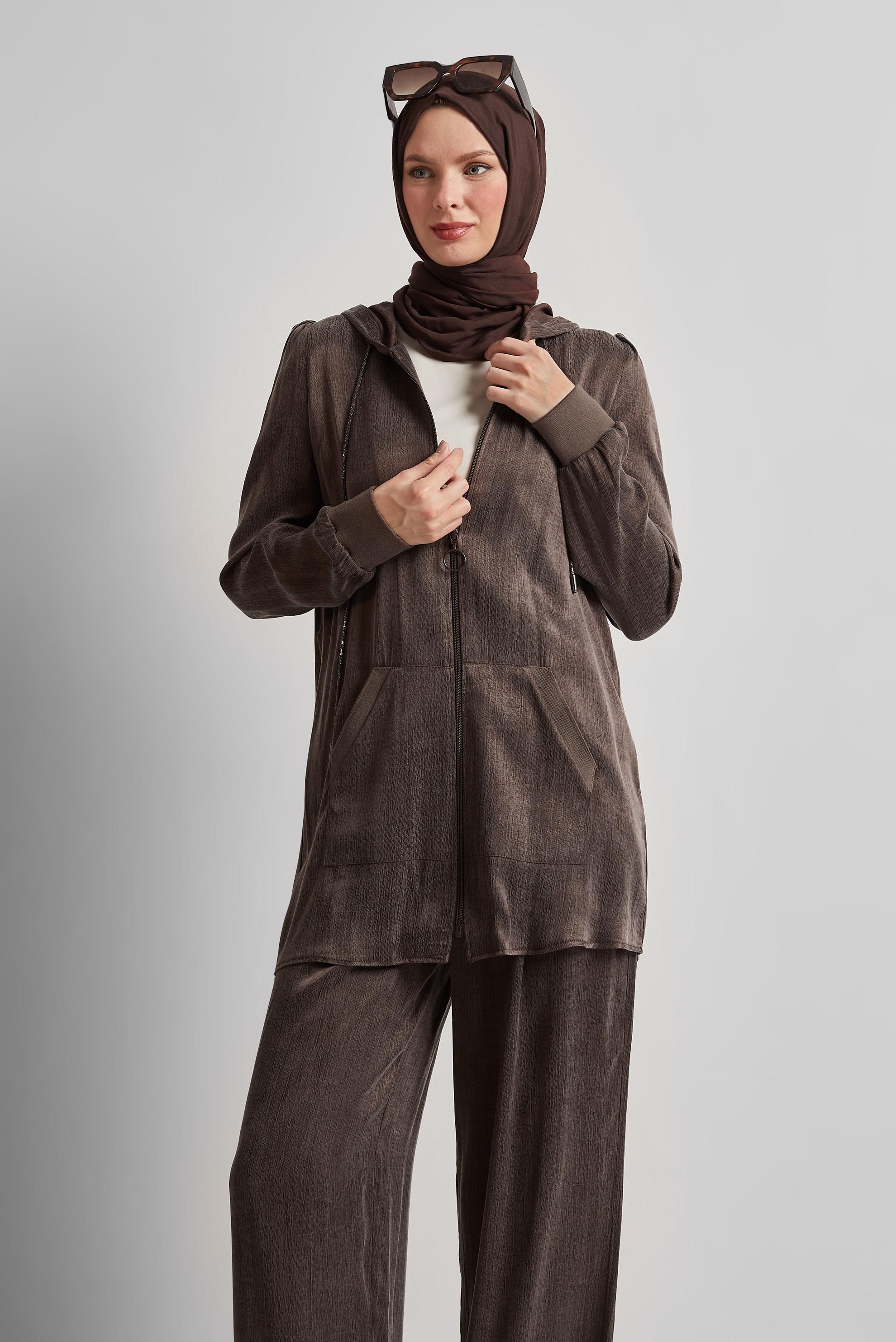 Hijab clothing BROWN HOODED PANTS SUIT 45585