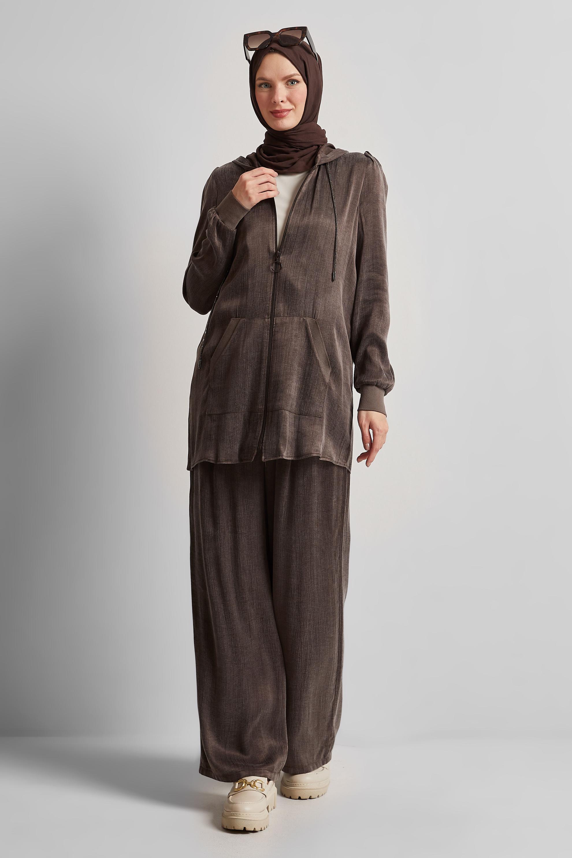 Hijab clothing BROWN HOODED PANTS SUIT 45585