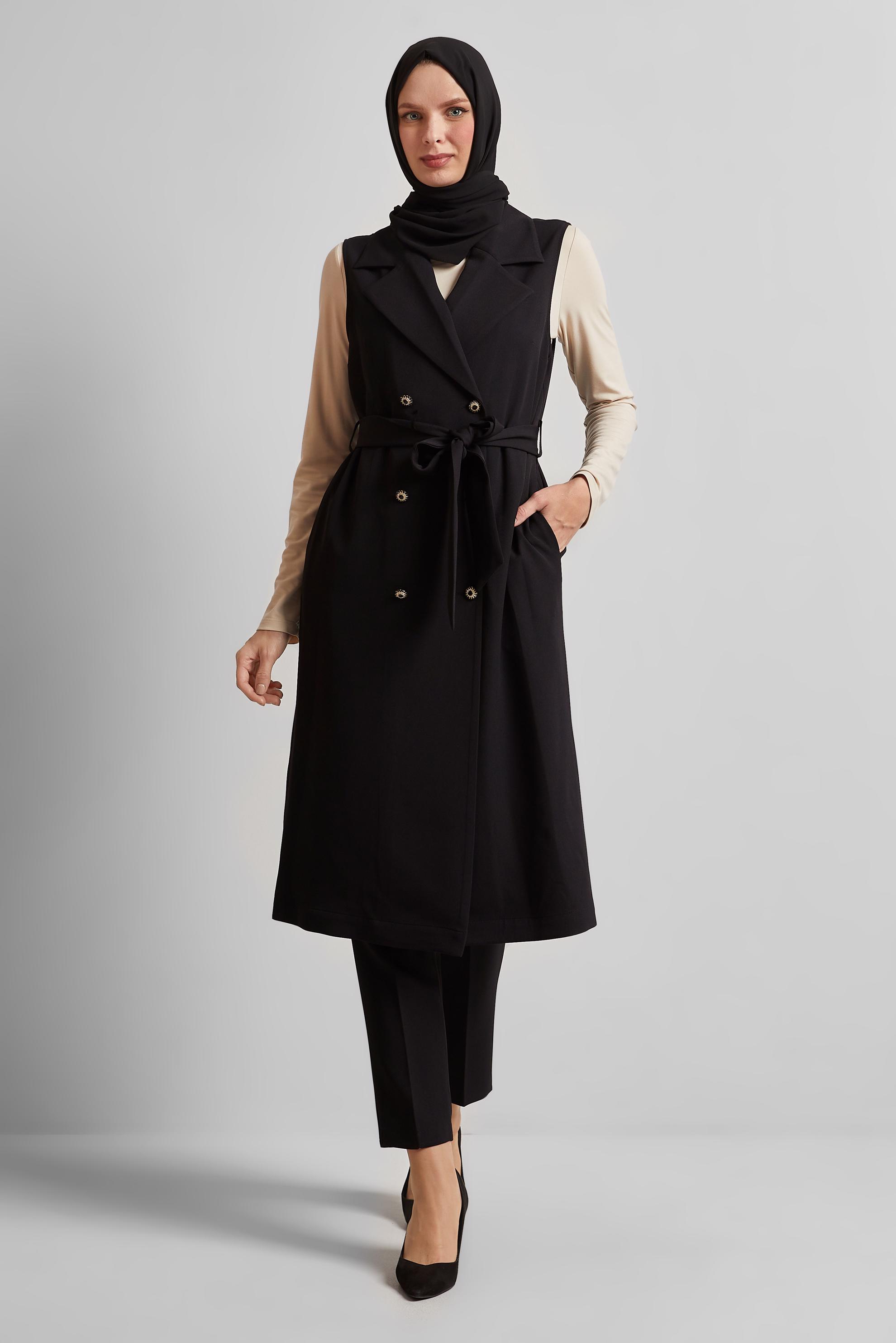 Tesettür giyim SİYAH KUŞAKLI PANTOLONLU TAKIM 45605