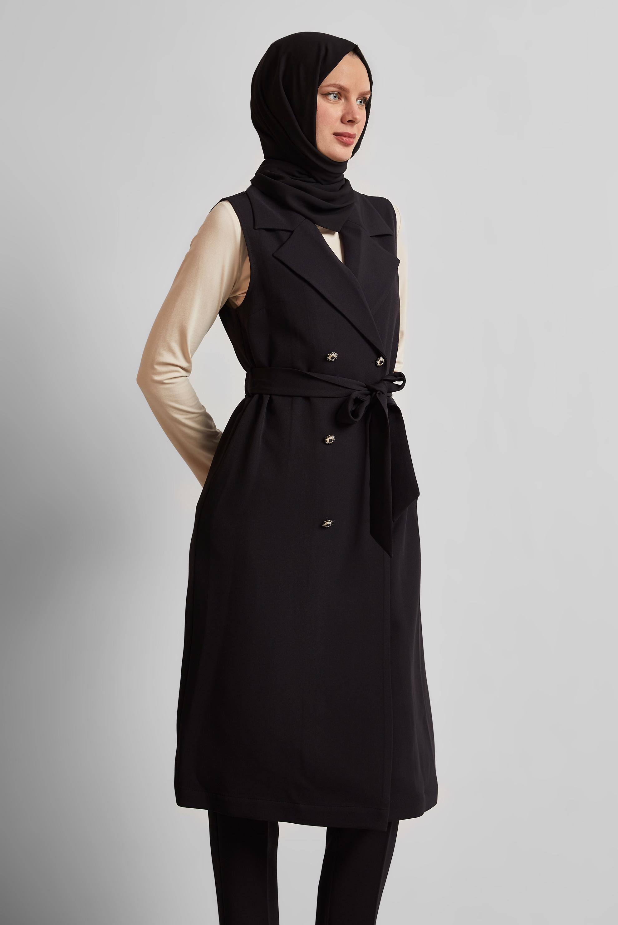 Tesettür giyim SİYAH KUŞAKLI PANTOLONLU TAKIM 45605