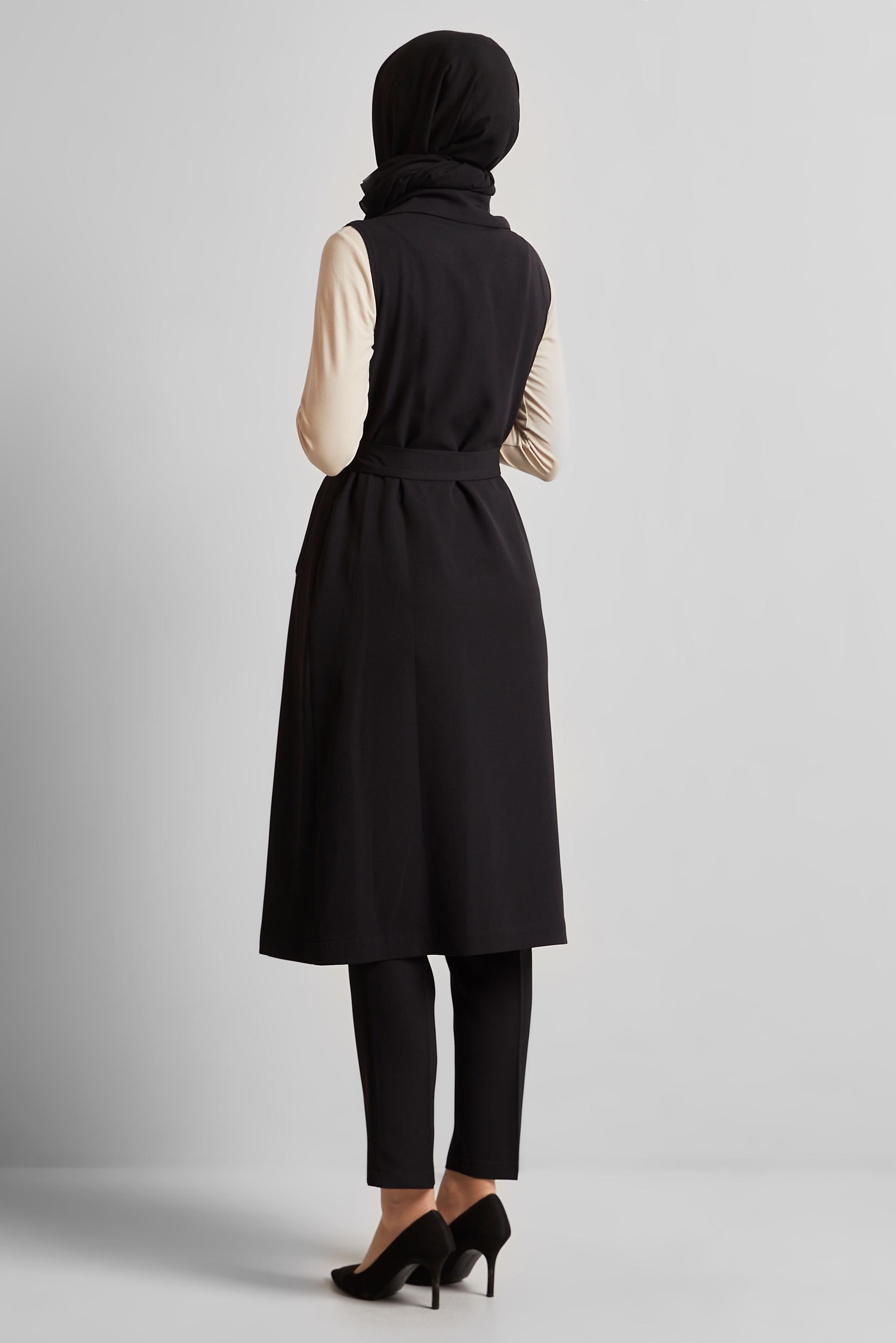 Tesettür giyim SİYAH KUŞAKLI PANTOLONLU TAKIM 45605