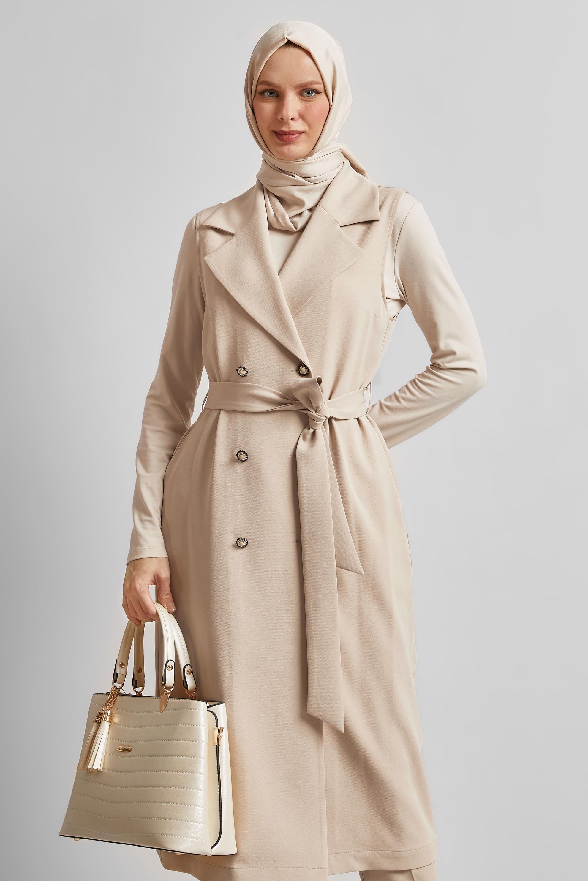 Tesettür giyim BEJ KUŞAKLI PANTOLONLU TAKIM 45605