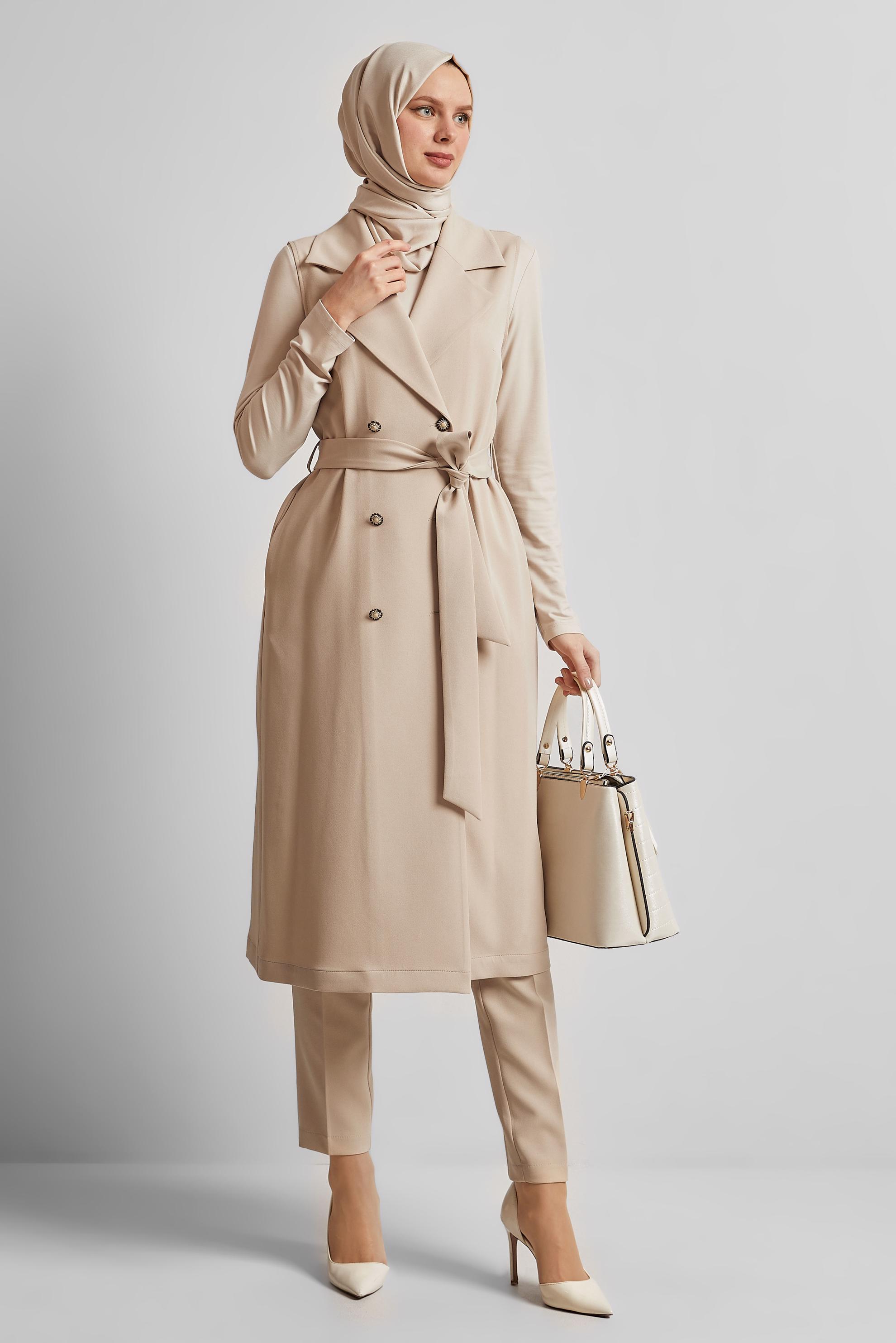 Tesettür giyim BEJ KUŞAKLI PANTOLONLU TAKIM 45605