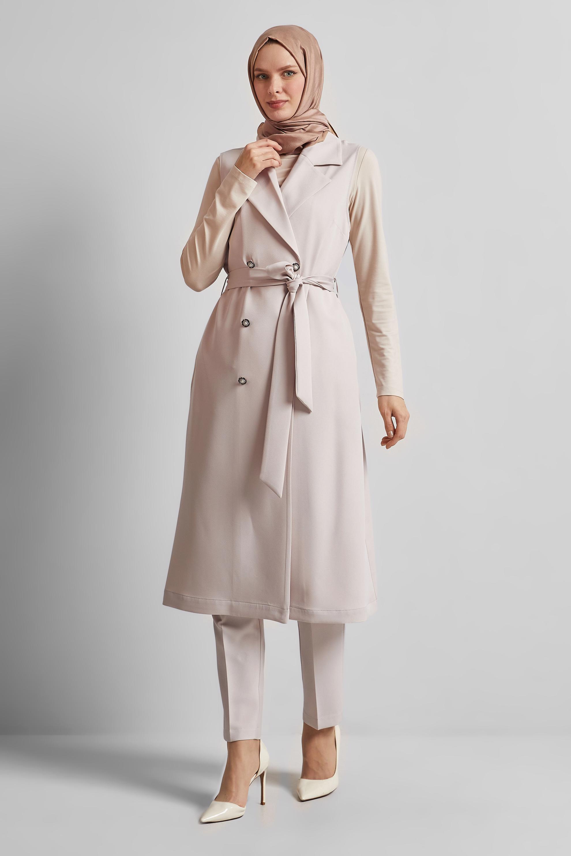 Tesettür giyim BEJ KUŞAKLI PANTOLONLU TAKIM 45605