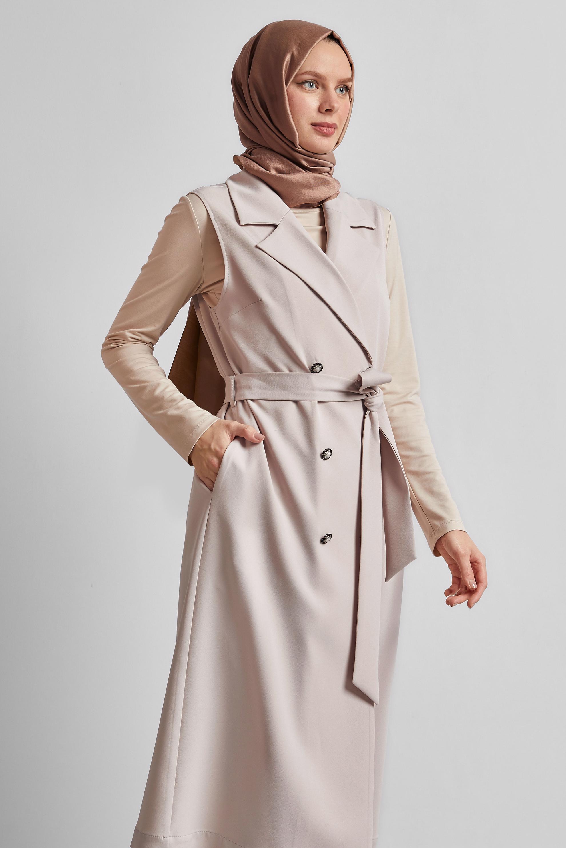 Tesettür giyim BEJ KUŞAKLI PANTOLONLU TAKIM 45605