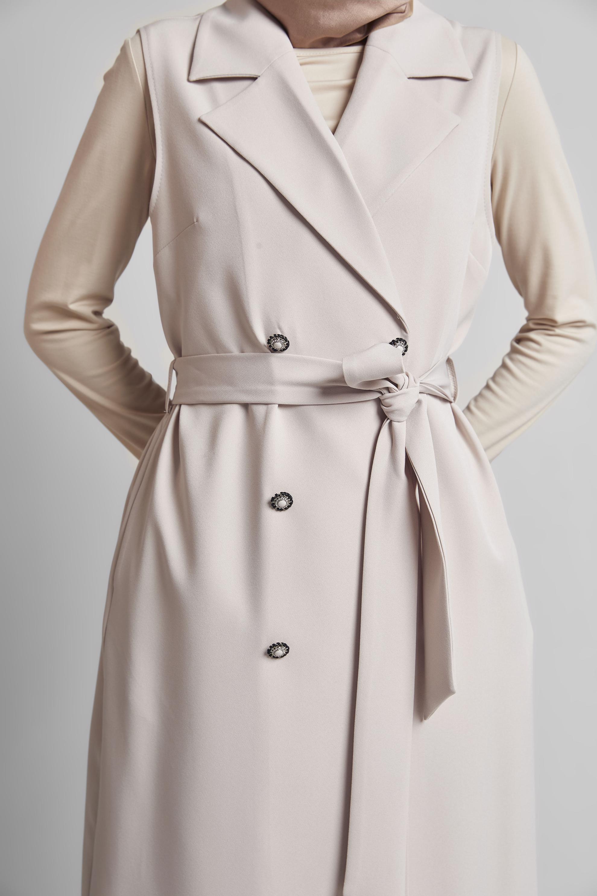 Tesettür giyim BEJ KUŞAKLI PANTOLONLU TAKIM 45605