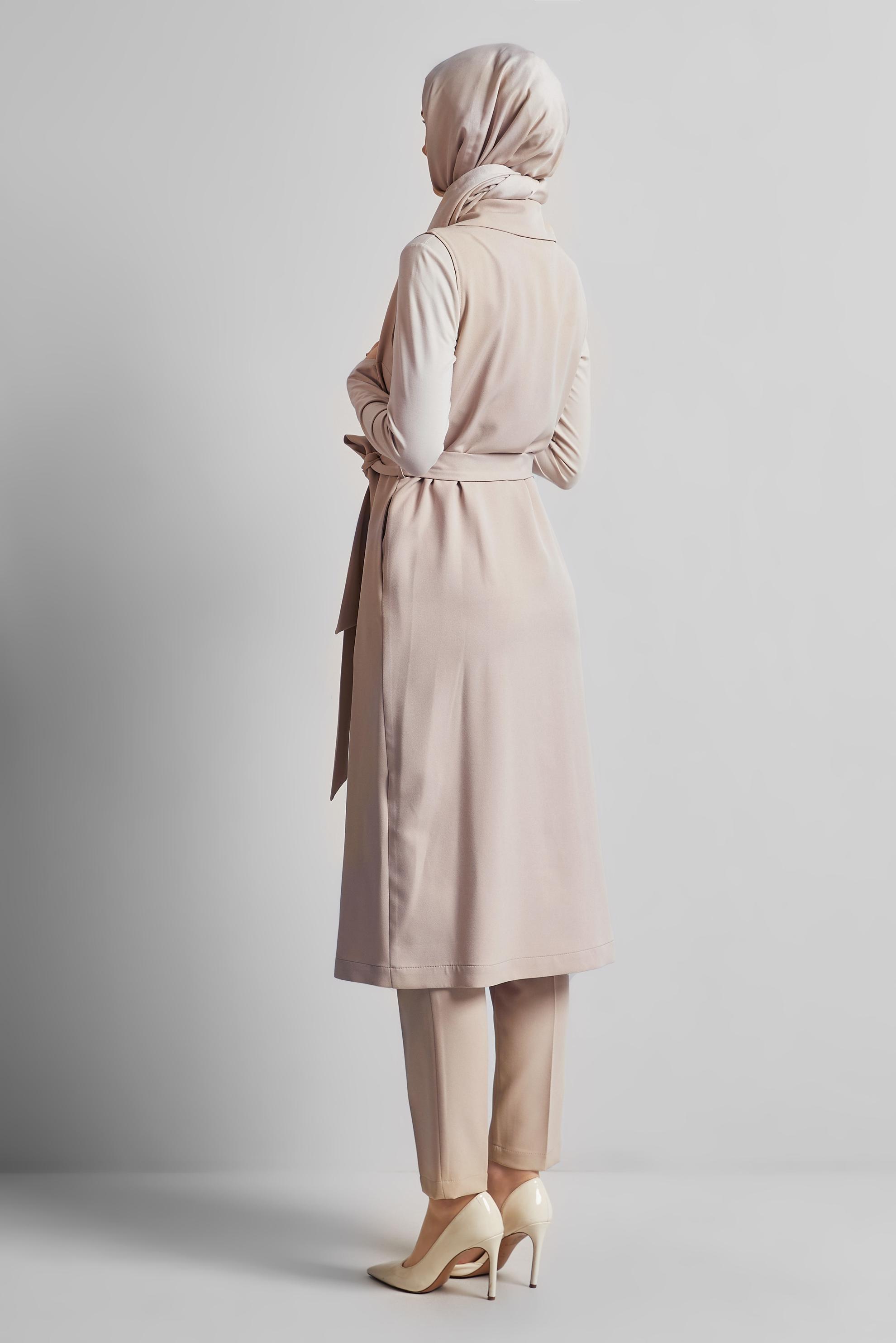 Tesettür giyim BEJ KUŞAKLI PANTOLONLU TAKIM 45605